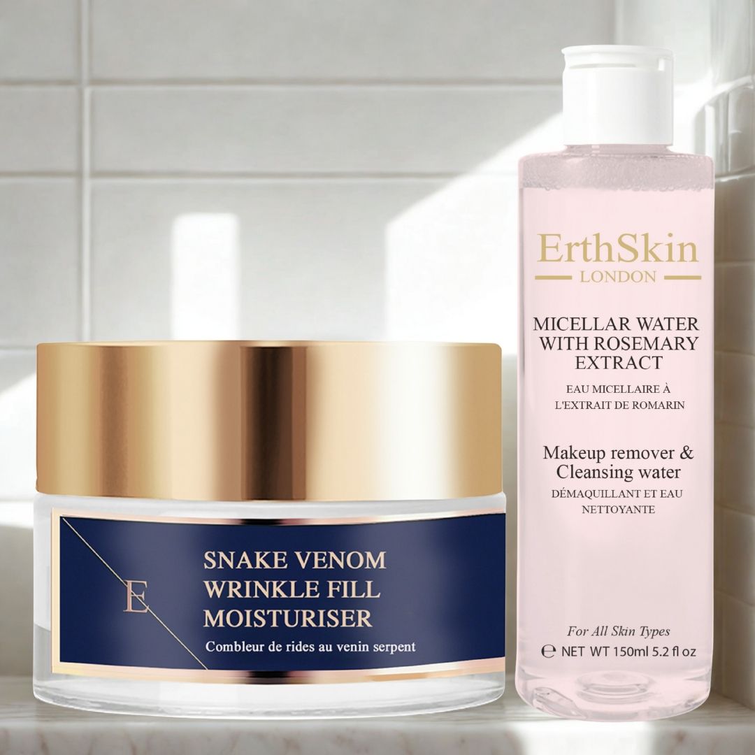 Creme- und Mizellenwasser-Produkt. Creme-Glas mit goldenem Deckel und blauem Etikett. Mizellenwasser-Flasche mit rosa Flüssigkeit.