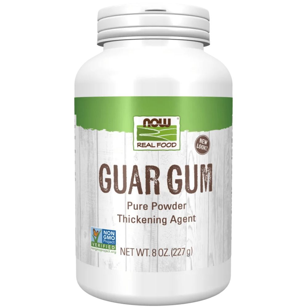 Weiße Dose mit grünem Band. Aufschrift: GUAR GUM, Pure Powder, Thickening Agent. Marke: NOW. Siegel: Non-GMO.