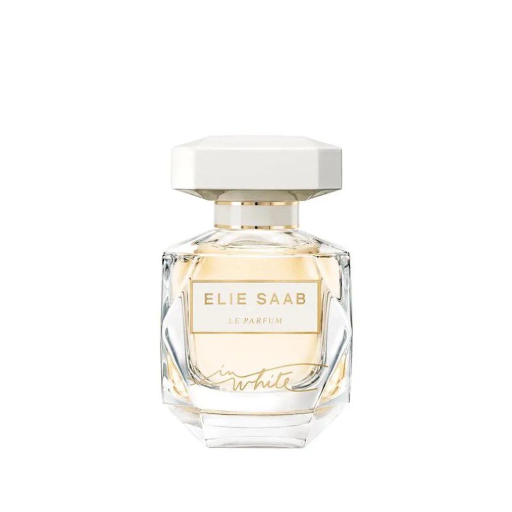 Parfümflakon mit weißem Deckel. Aufschrift: ELIE SAAB, LE PARFUM, in White. Klarer Glasflakon.