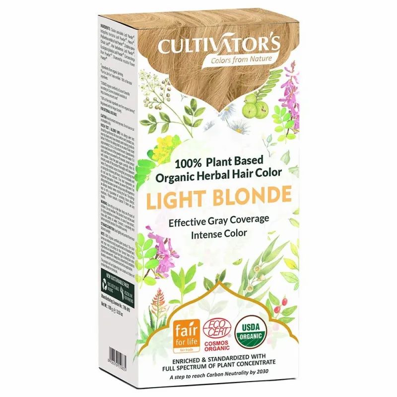 Verpackung von CULTIVATOR'S Pflanzenhaarfarbe Hellblond. Enthält Logos für Fair for Life, Cosmos Organic und USDA Organic. Text: Light Blonde, 100% pflanzlich.
