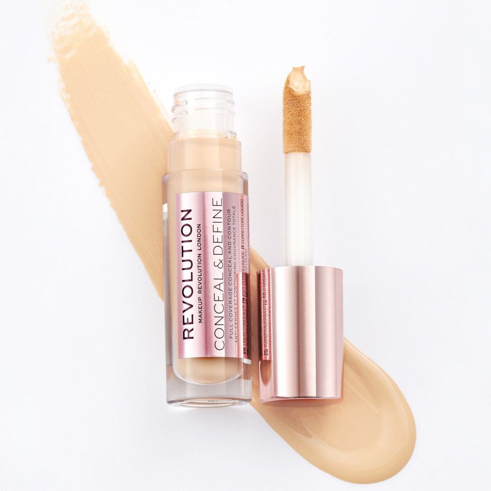 Concealer-Fläschchen mit Applikator und Swirl. Marke: Makeup Revolution. Produktname: Conceal & Define.
