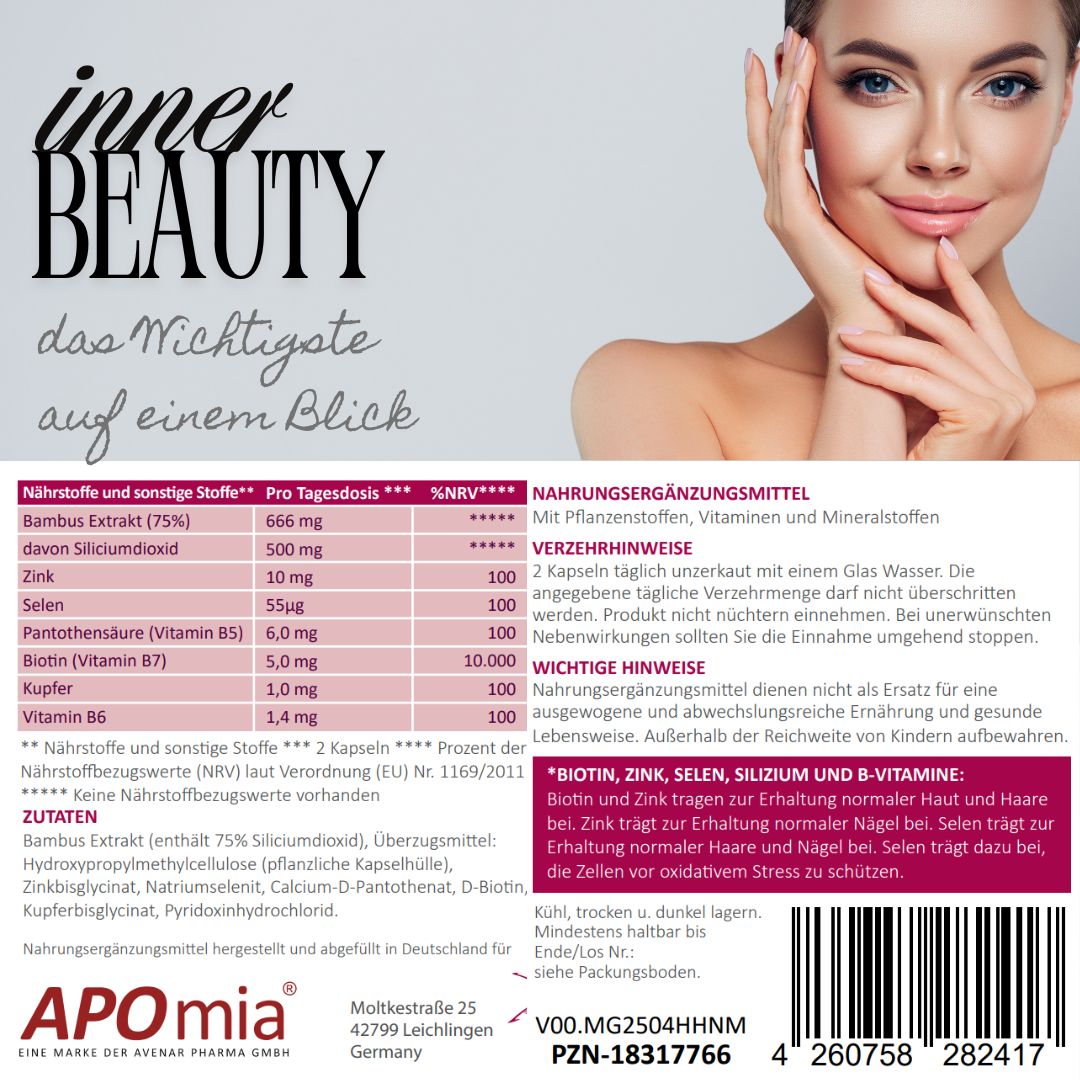Produktverpackung mit Text: inner BEAUTY. Inhaltsstoffe und Nährwertangaben. Frauengesicht im Hintergrund.