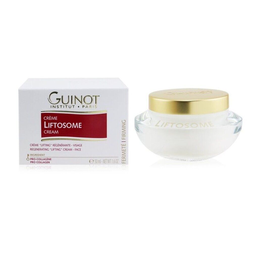 Creme-Tiegel und Schachtel. Auf der Schachtel steht Guinot und Crème Liftosome. Der Tiegel ist transparent.