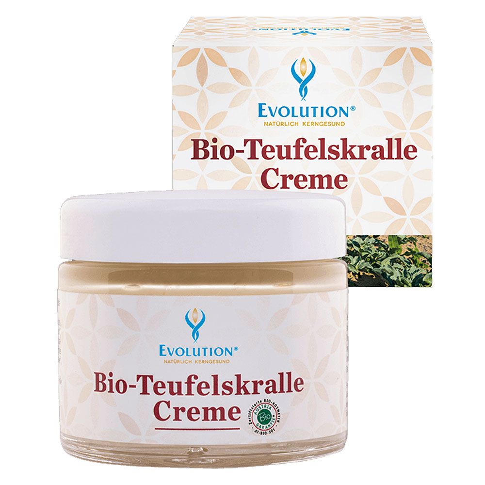 Creme-Glas mit Deckel und Karton. Aufschrift: Evolution Bio-Teufelskralle Creme. Bio-Siegel.
