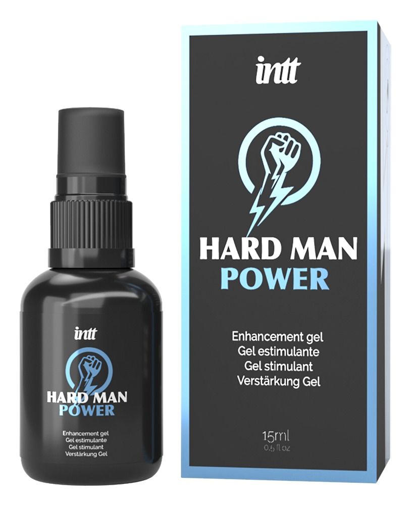 Schwarze Sprühflasche 'Hard Man Power' und ihre Verpackung.