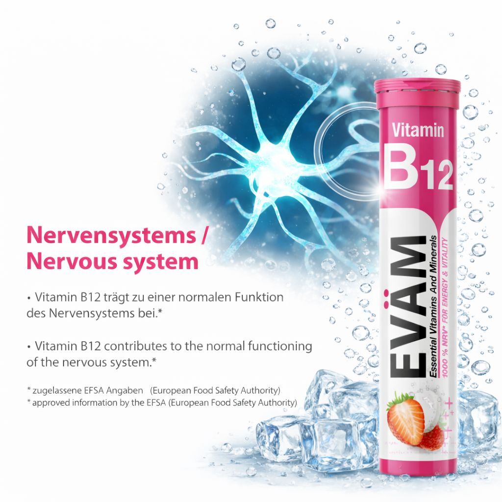 Packung EVÄM Vitamin B12. Text: Nervensystem. Eiswürfel. Abbildung eines Neurons.