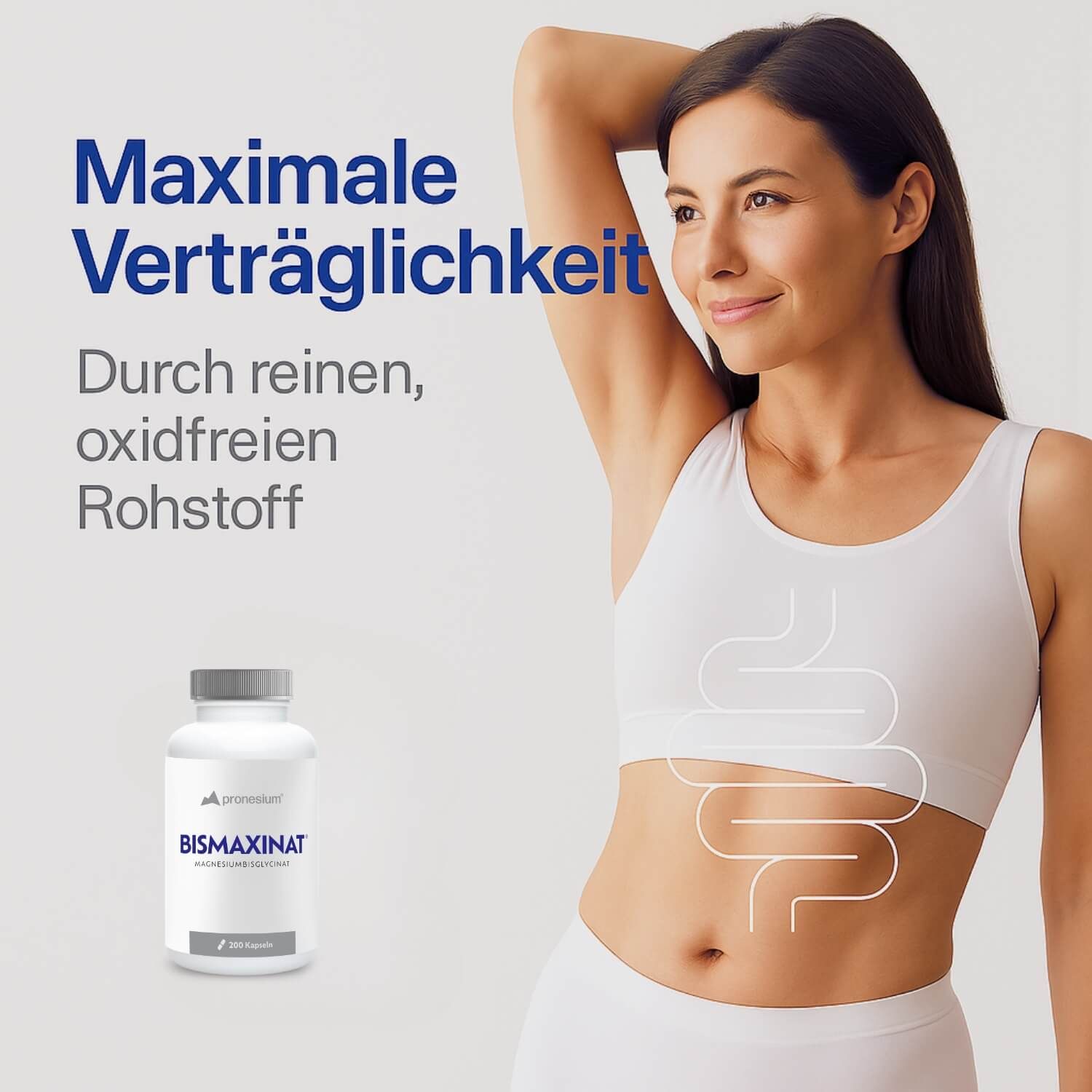 Frau mit weißem Top. Flasche mit BISMAXINAT. Zeichnung des Verdauungstrakts.