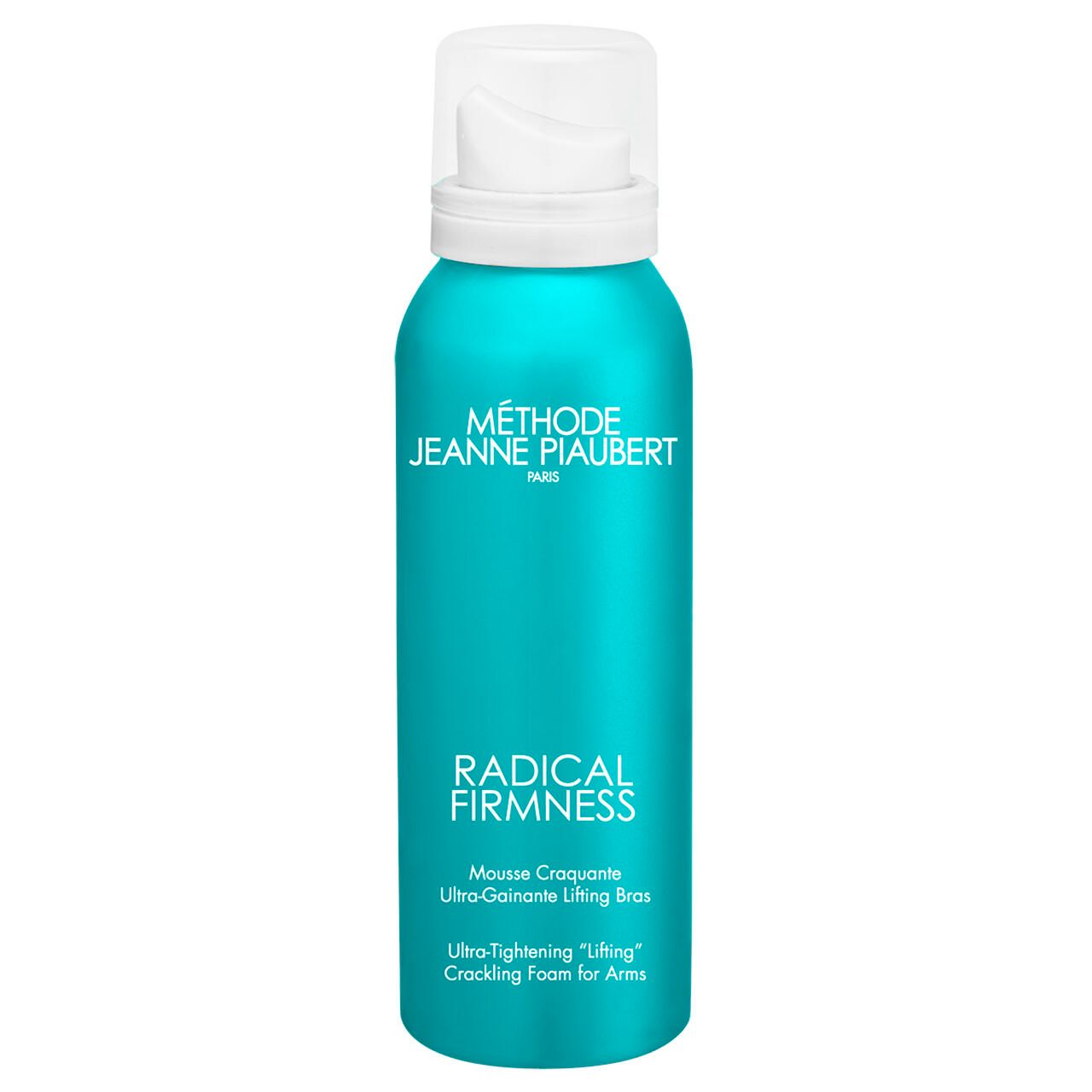 Türkisfarbene Dose mit weißem Sprühkopf. Aufschrift: Radical Firmness, Mousse craquante, Ultra-Gaine, Lifting bras. Marke Jeanne Piaubert.