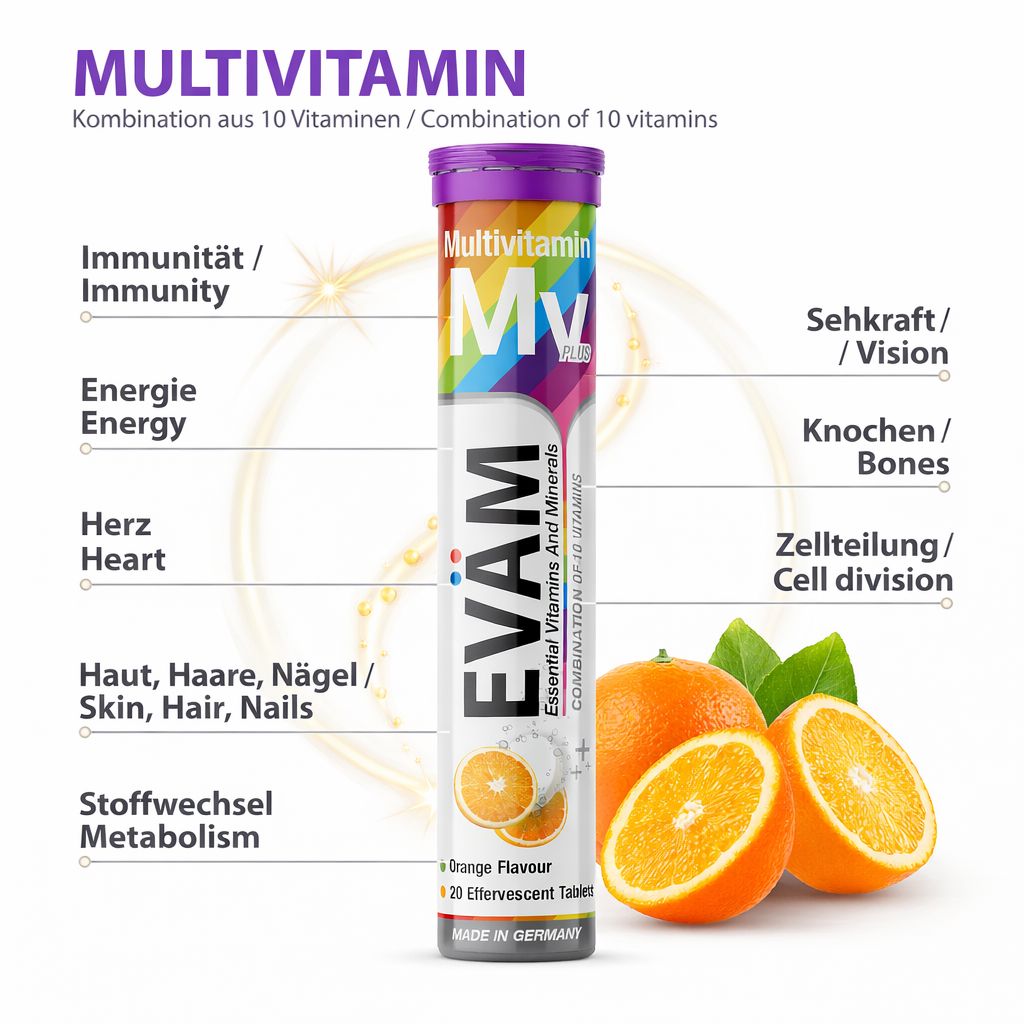 Eine Tube EVÄM Multivitamin Brausetabletten mit Orangen und Diagramm. Enthält 10 Vitamine. Text: Kombination aus 10 Vitaminen.
