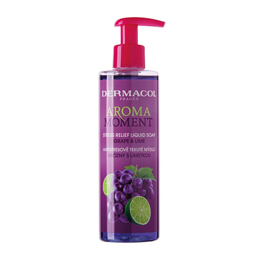Flasche mit rosa Pumpe. Aufschrift: Dermacol Aroma Moment Grape & Lime. Abbildung von Trauben und Limette.