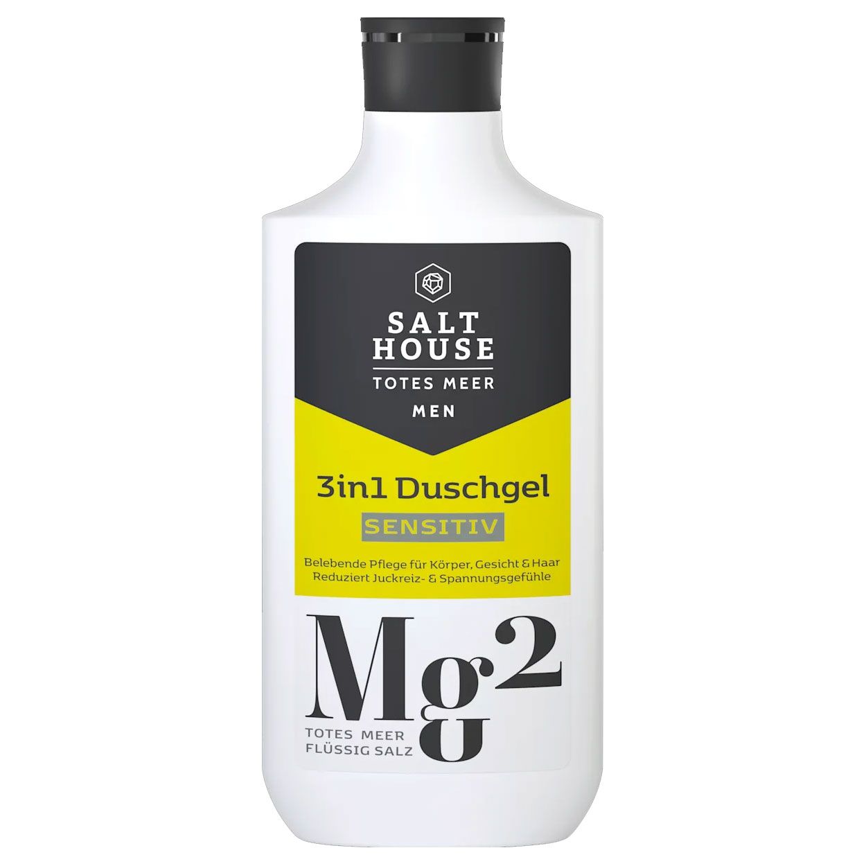 Weißes Duschgel mit schwarzem Deckel. Aufschrift: SALT HOUSE, TOTES MEER MEN, 3in1 Duschgel, SENSITIV, Mg2.