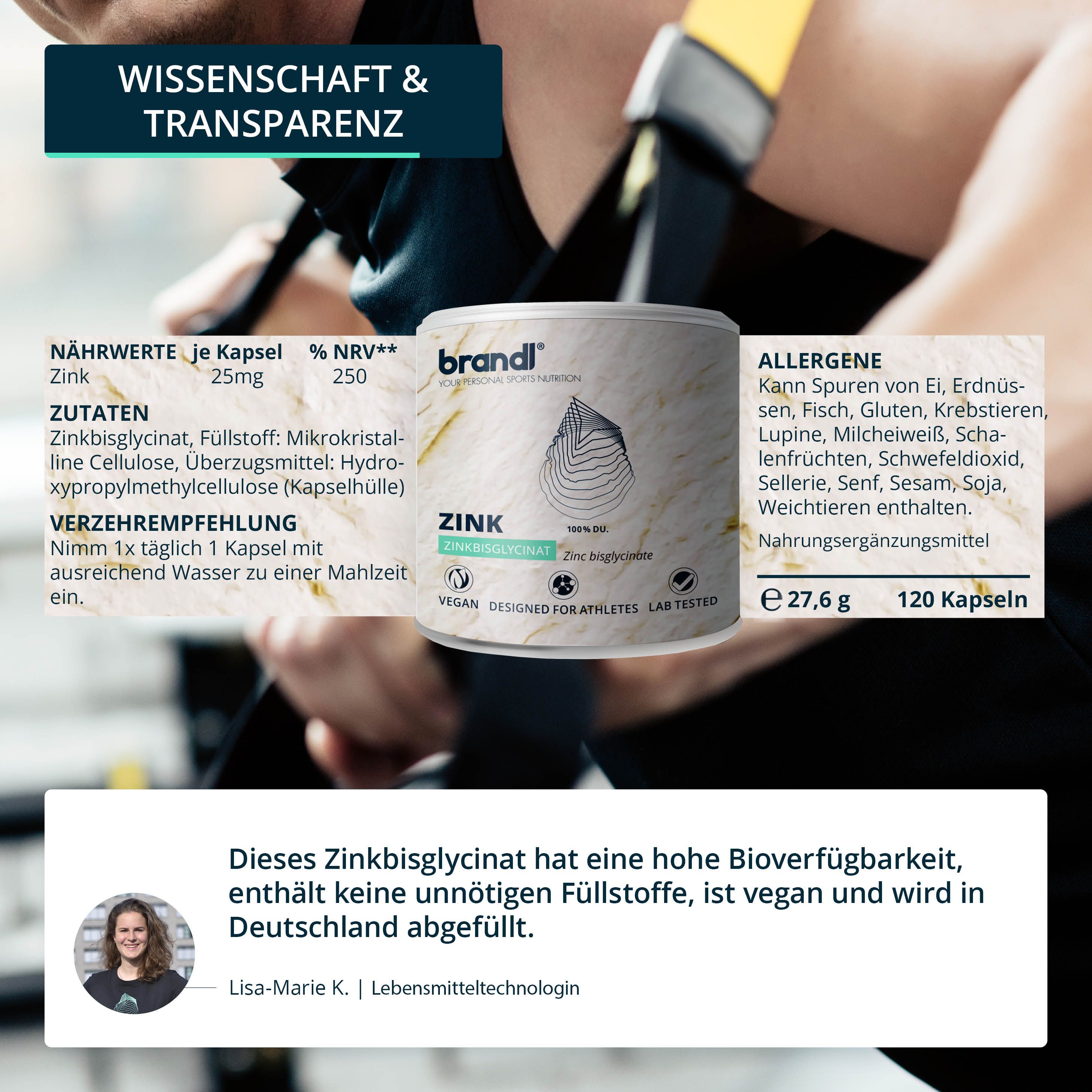 Werbung für brandl® Zink. Text: Nährwerte, Zutaten, Verzehrempfehlung, Allergene. Dose mit 120 Kapseln. Frau spricht.