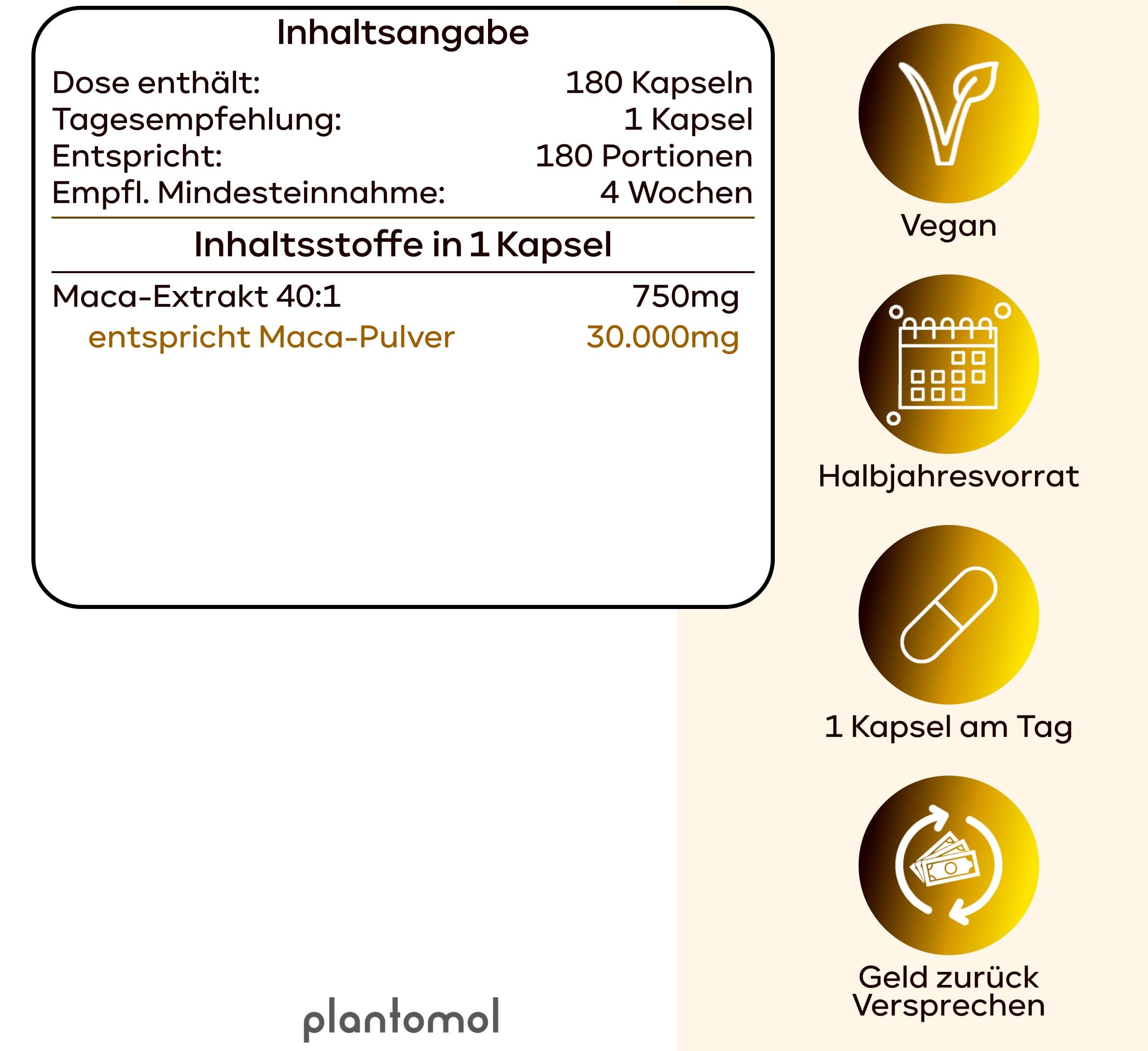 Tabelle mit Inhaltsstoffen. 180 Kapseln, 1 Kapsel täglich. Vegan, Halbjahresvorrat, 1 Kapsel am Tag, Geld-zurück-Versprechen.