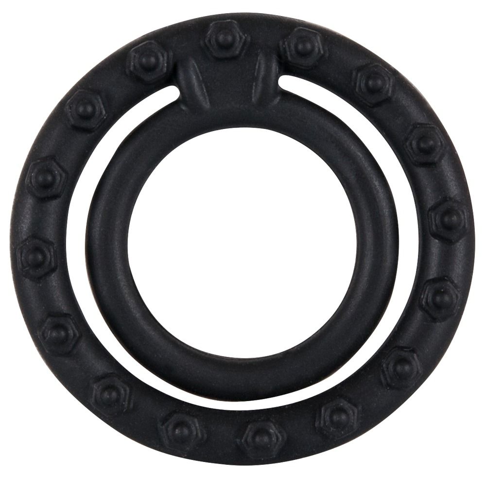 Schwarzer Penisring mit Hodenring. Der äußere Ring hat Noppen. Der innere Ring ist glatt.