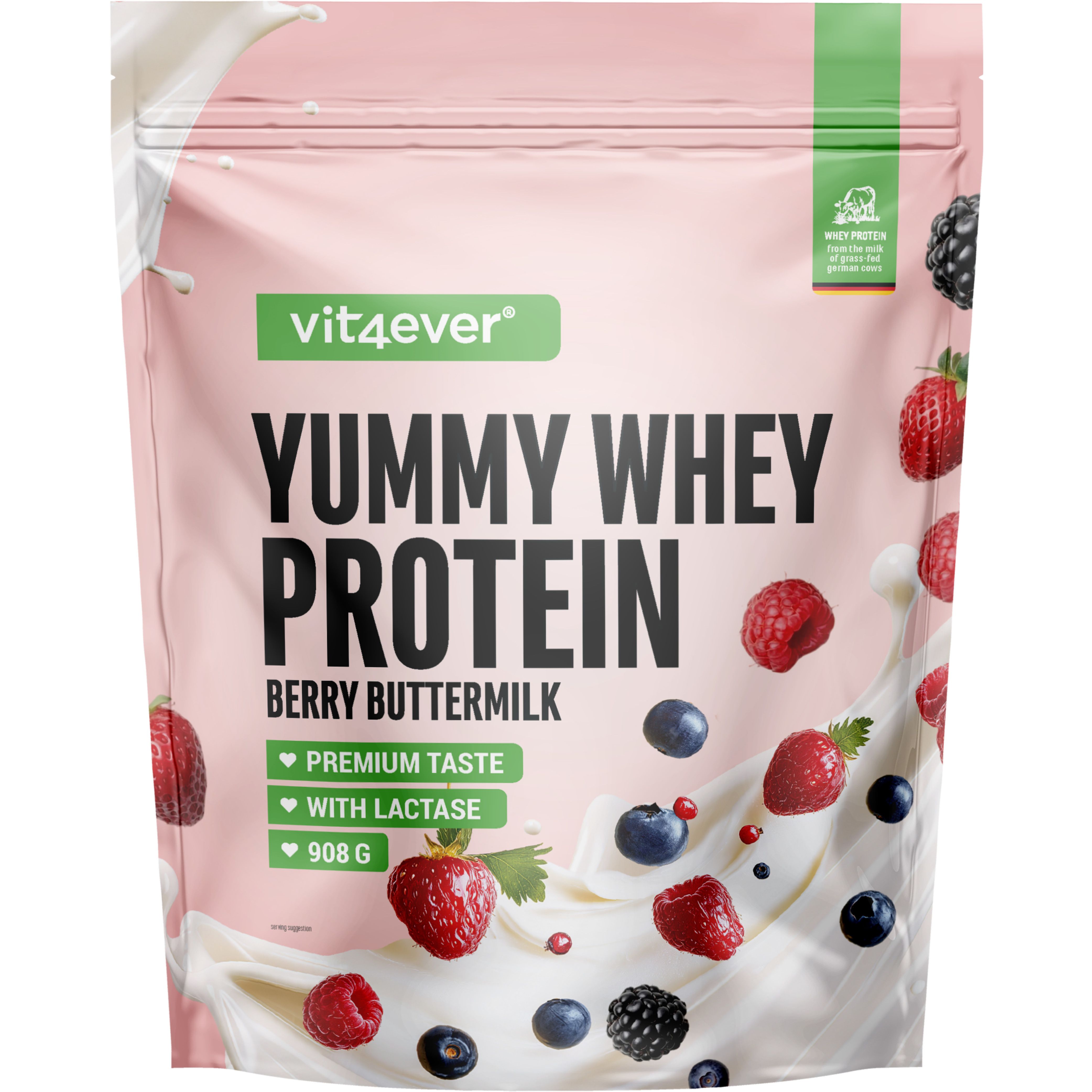 Rosa Beutel mit "vit4ever Yummy Whey Protein". Text: Berry Buttermilk, Premium Taste, mit Laktase, 908 g. Abgebildet sind Beeren und Milch.