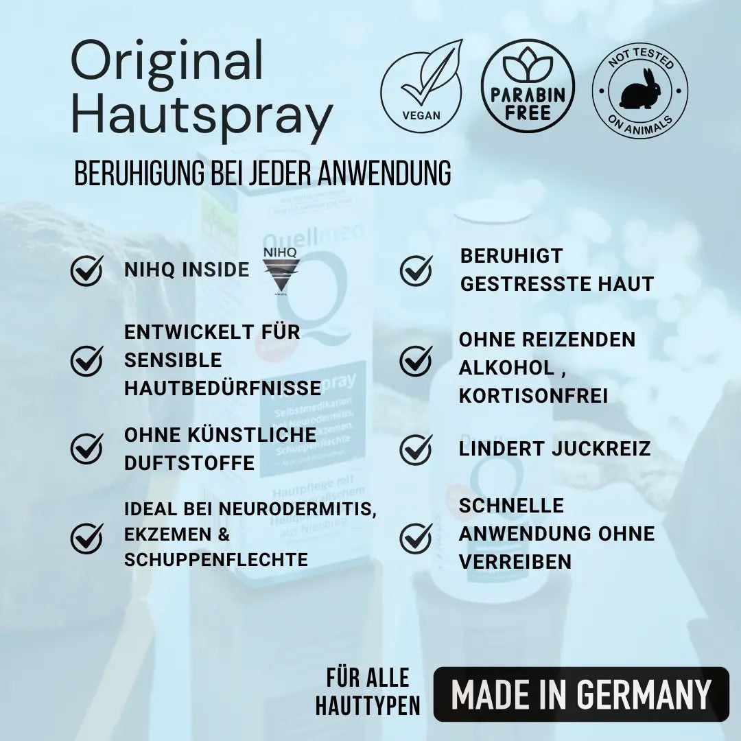 Infografik mit Produktinformationen. Vegan, ohne Tierversuche, ohne Parabene. Made in Germany.