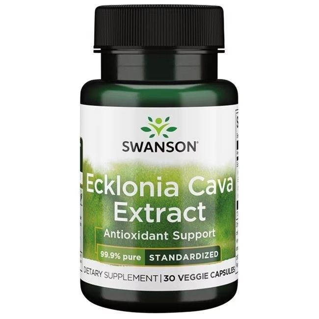 Grüne Flasche mit schwarzem Deckel. Aufschrift: SWANSON Ecklonia Cava Extract, Antioxidant Support, 30 Veggie Capsules.