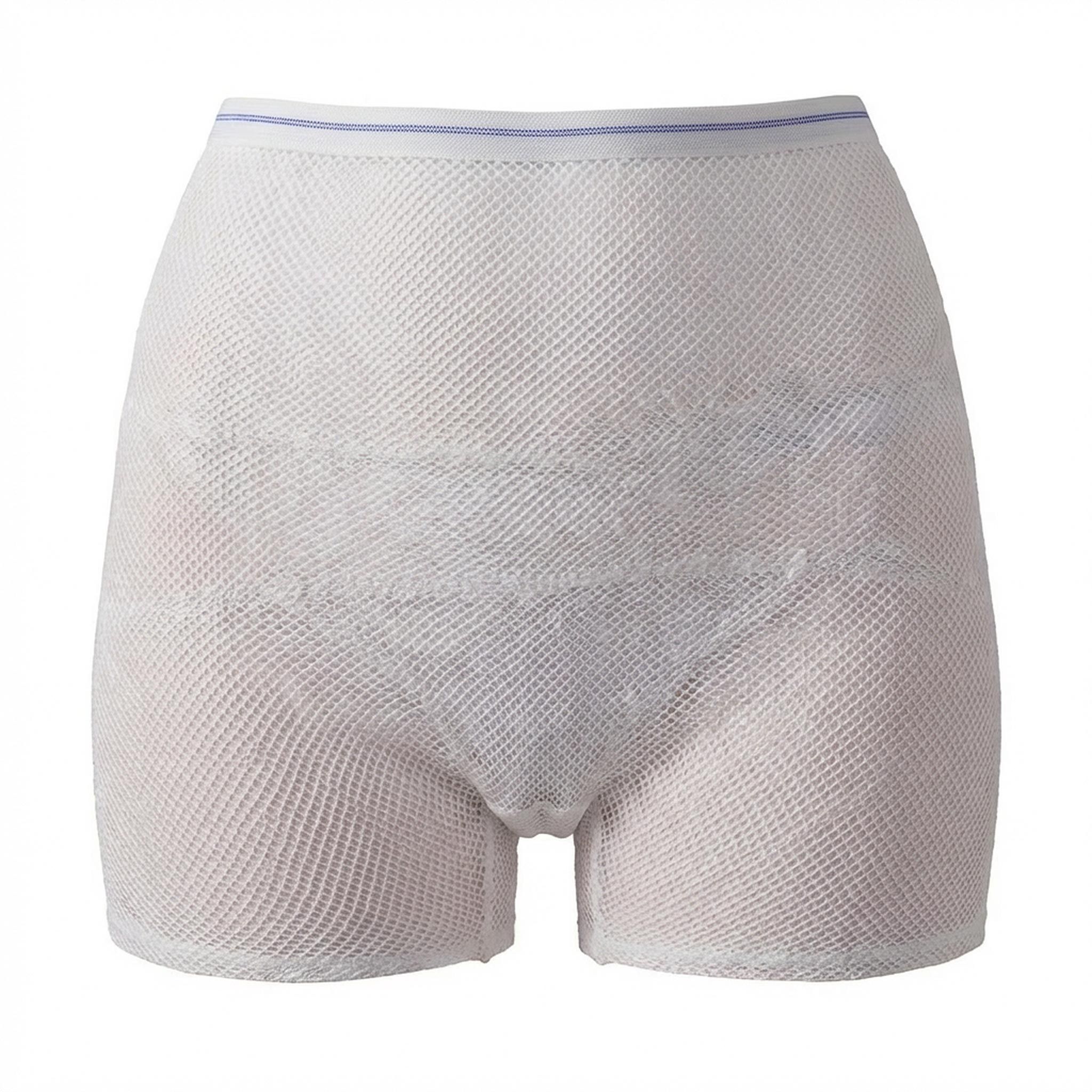 Weiße, netzartige Postpartum-Netzhose. Kurze Form mit hohem Bund und Beinabschlüssen. Blaue Linie am Bund.