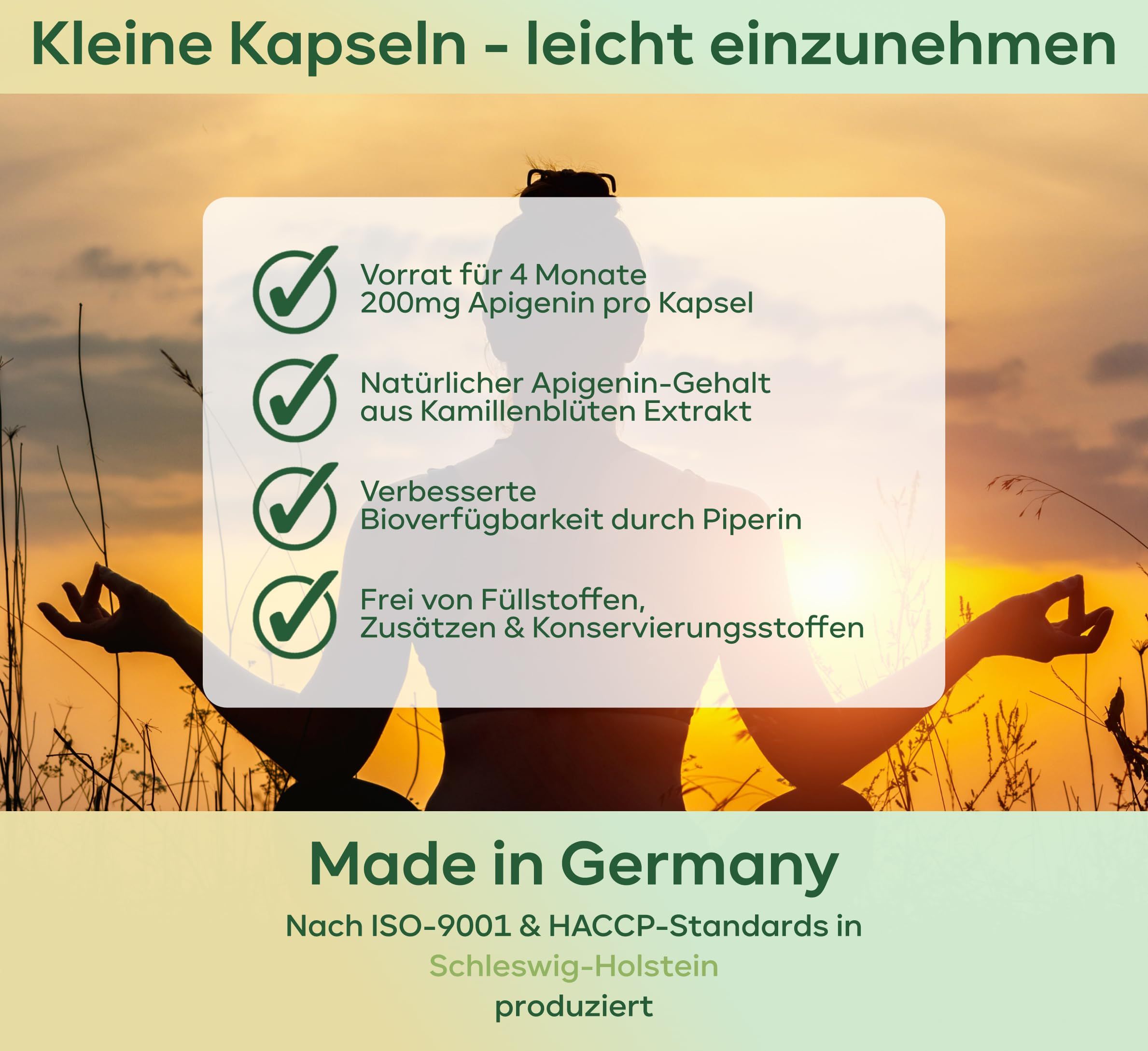 Grafik mit grünen Häkchen. Text: Vorrat für 4 Monate, 200mg Apigenin pro Kapsel, natürlicher Apigenin-Gehalt, verbesserte Bioverfügbarkeit, frei von Füllstoffen. Made in Germany.