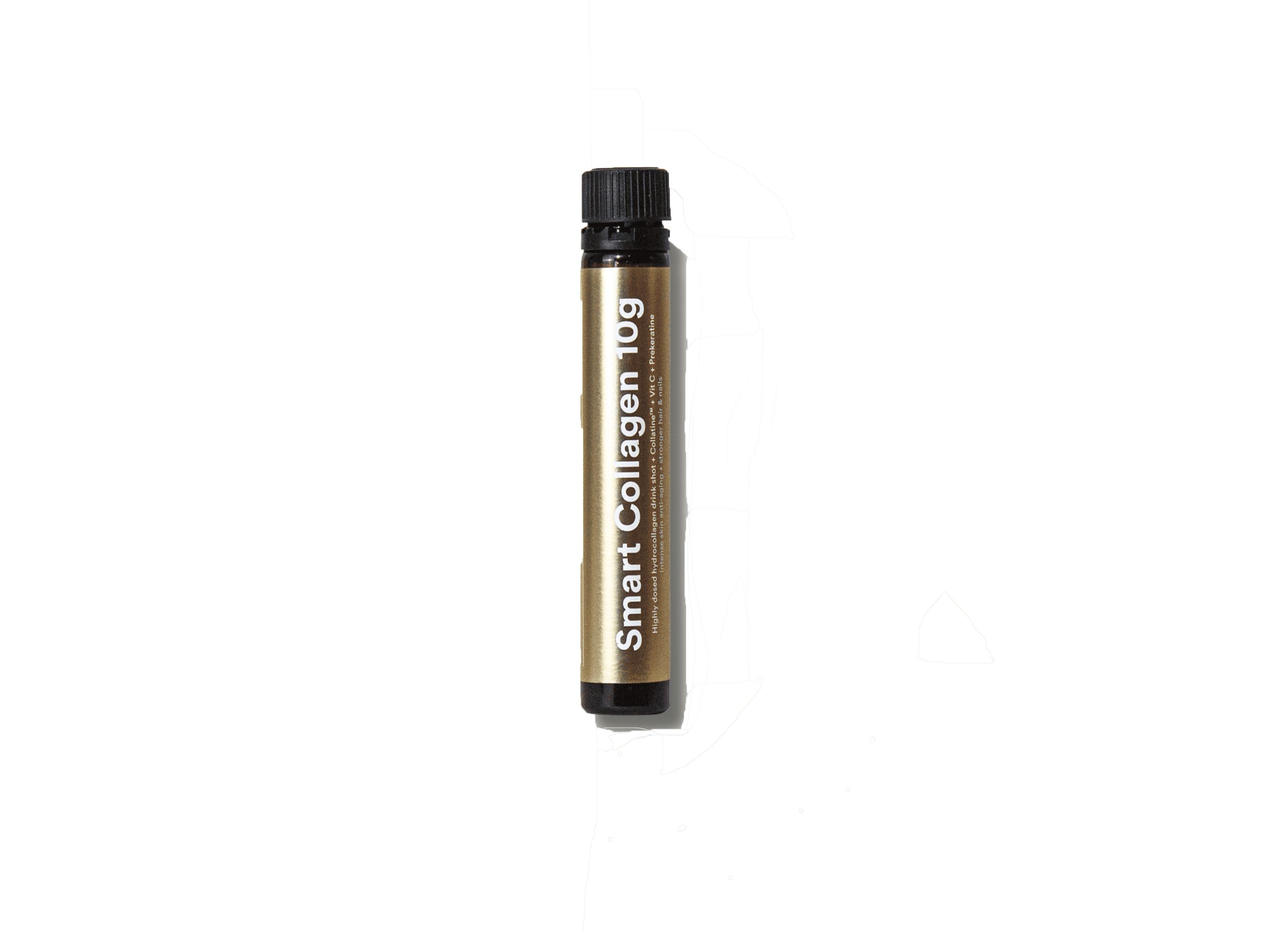 Goldene Ampulle mit schwarzem Verschluss, beschriftet mit 'Smart Collagen 10g'.