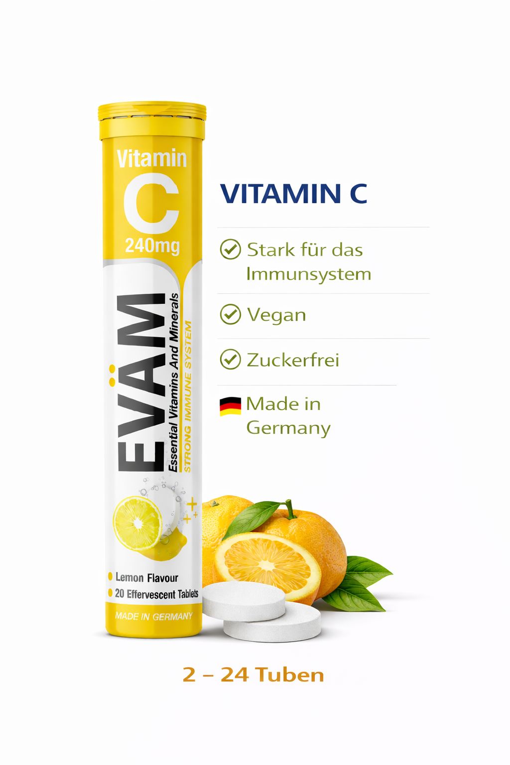 Gelbe Tube mit Vitamin C Brausetabletten. Aufschrift: EVÄM, Vitamin C 240mg. Mit Zitronen und Orangen.