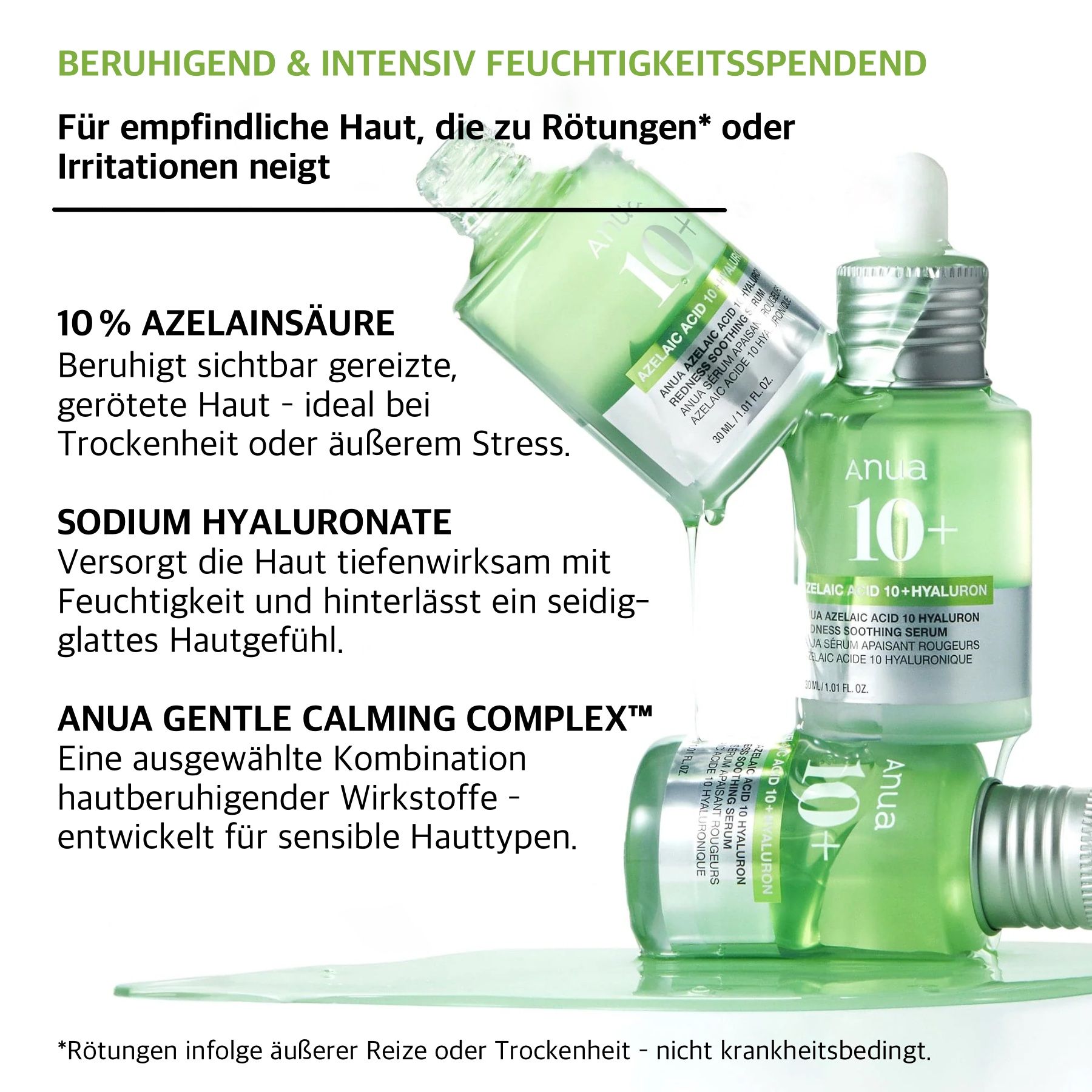Produktflaschen in einer Collage. Text: Beruhigend & intensiv feuchtigkeitsspendend. 10% Azelainsäure, Hyaluron.