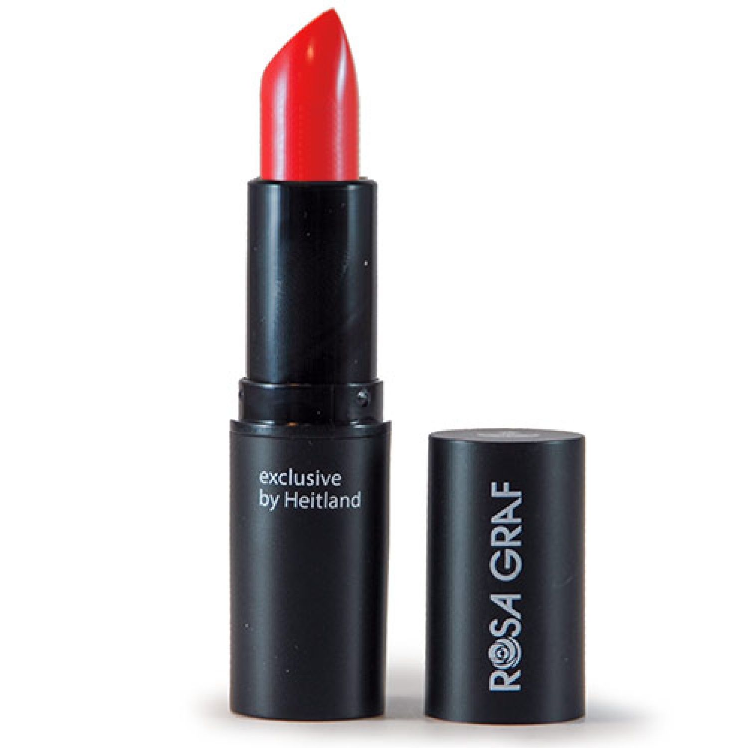 Roter Lippenstift in schwarzer Hülse. Aufschrift: ROSA GRAF, exclusive by Heitland. Deckel daneben.