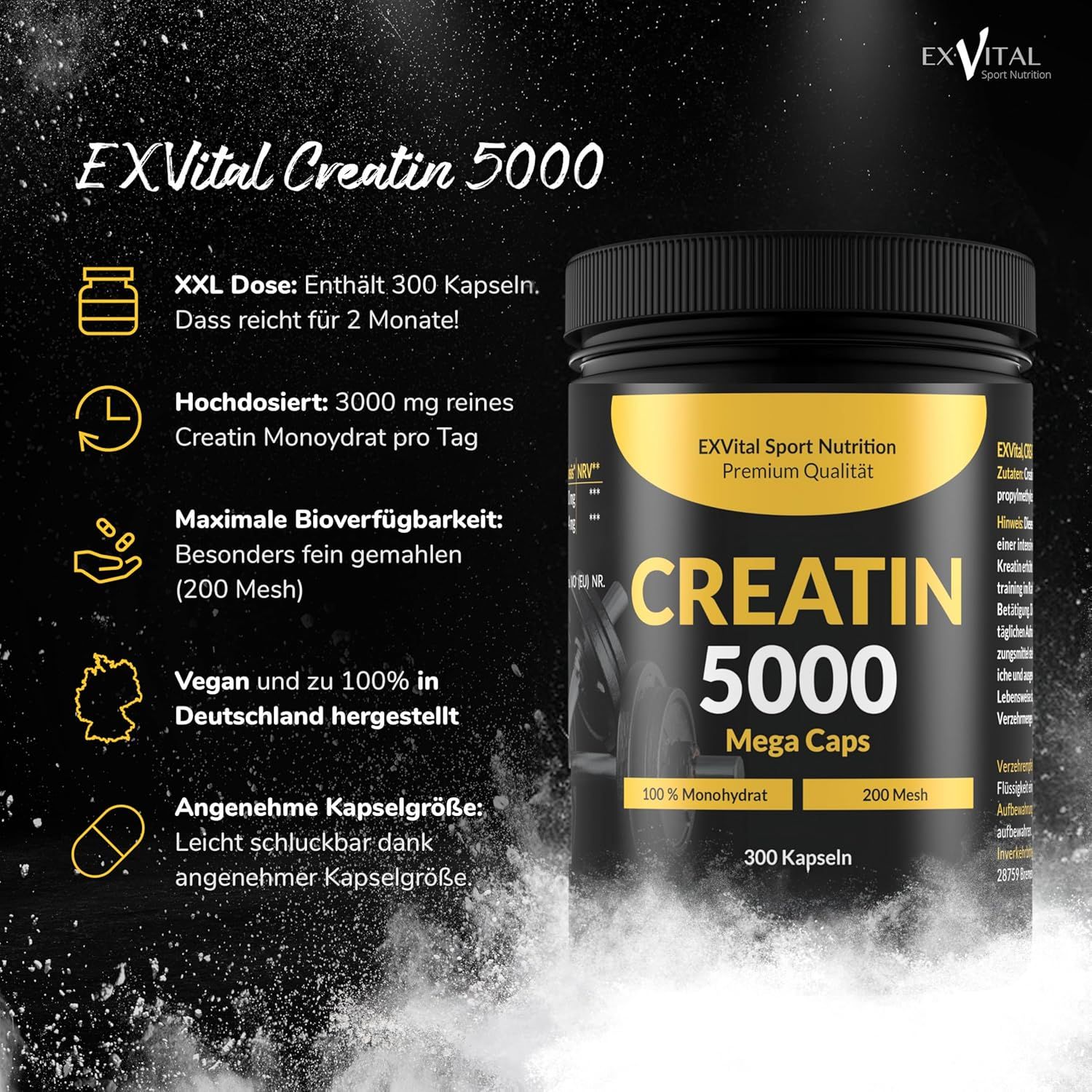Produktabbildung mit Text. Schwarze Dose mit gelbem Etikett. Text: EXVital Creatin 5000, XXL Dosis, 300 Kapseln, 2 Monate, 3000mg Creatin Monohydrat.