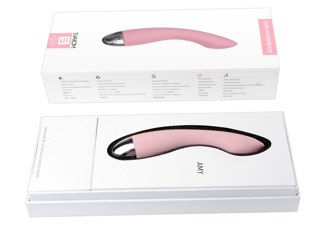 Verpackung mit rosa Vibrator. Produktname: AMY. SVAKOM Logo.