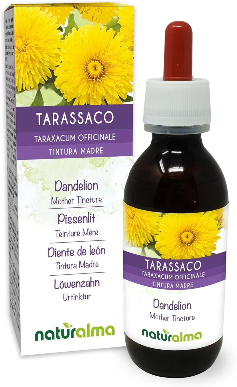 Produkt von Naturalma. Flasche und Verpackung. Tarassaco, Tinktur. Dandelion, Löwenzahn. Braune Flüssigkeit, gelbe Blüten.