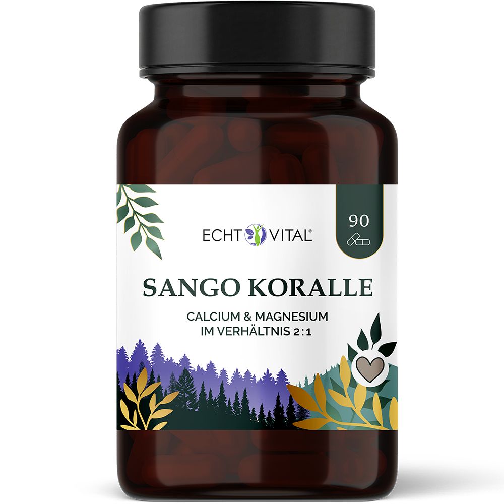 Braune Pillendose mit 90 Kapseln Sango Koralle, Calcium & Magnesium im Verhältnis 2:1.