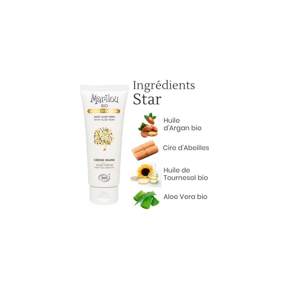 Weiße Tube Marilou Bio Handcreme mit Inhaltsstoffen: Arganöl, Bienenwachs, Sonnenblumenöl, Aloe Vera. Text auf Französisch.