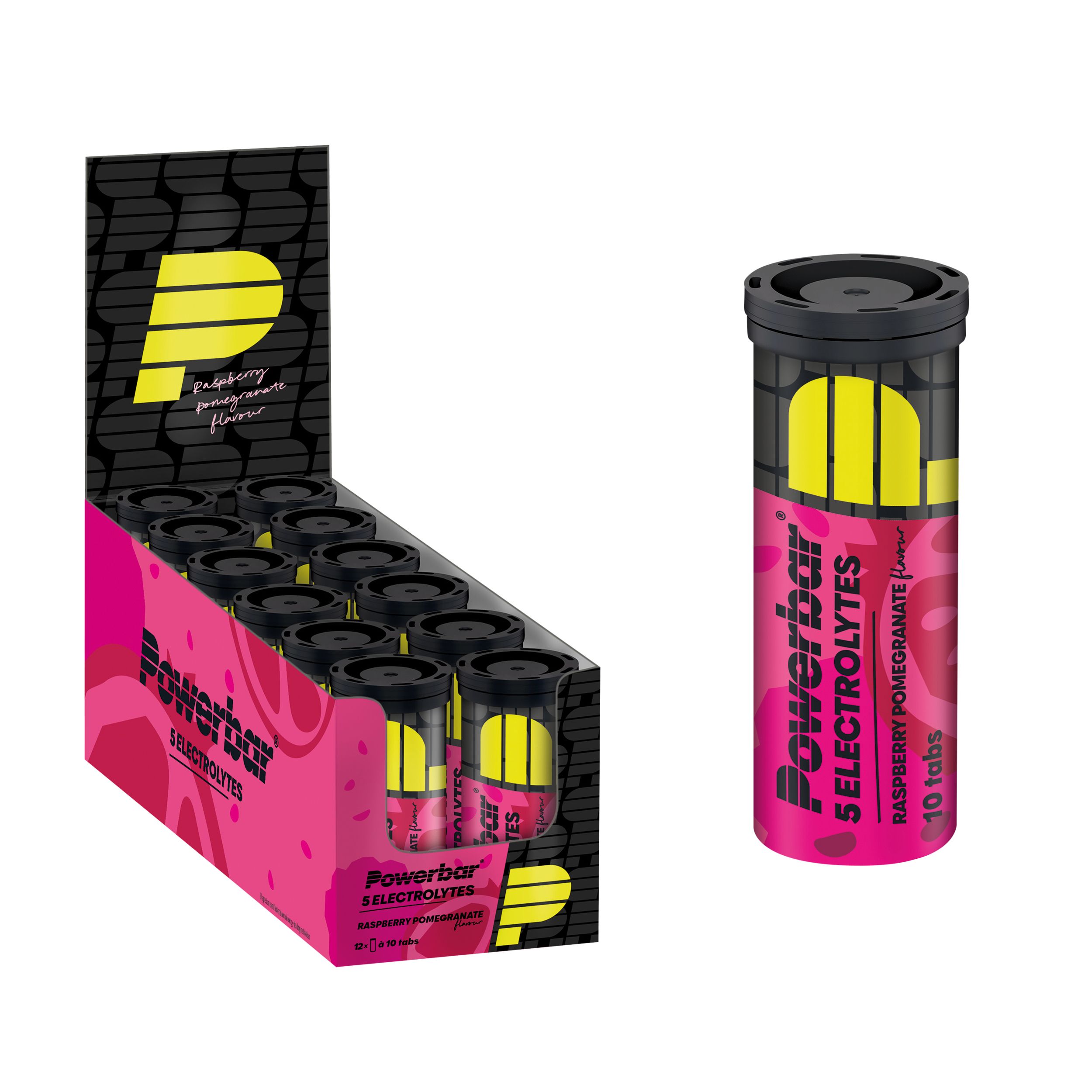 Powerbar 5 Electrolytes Dose und Display-Box. Dose: pink, gelbes Logo, Himbeer-Granatapfel. Display: mehrere Dosen, pinkfarben, Powerbar Logo.