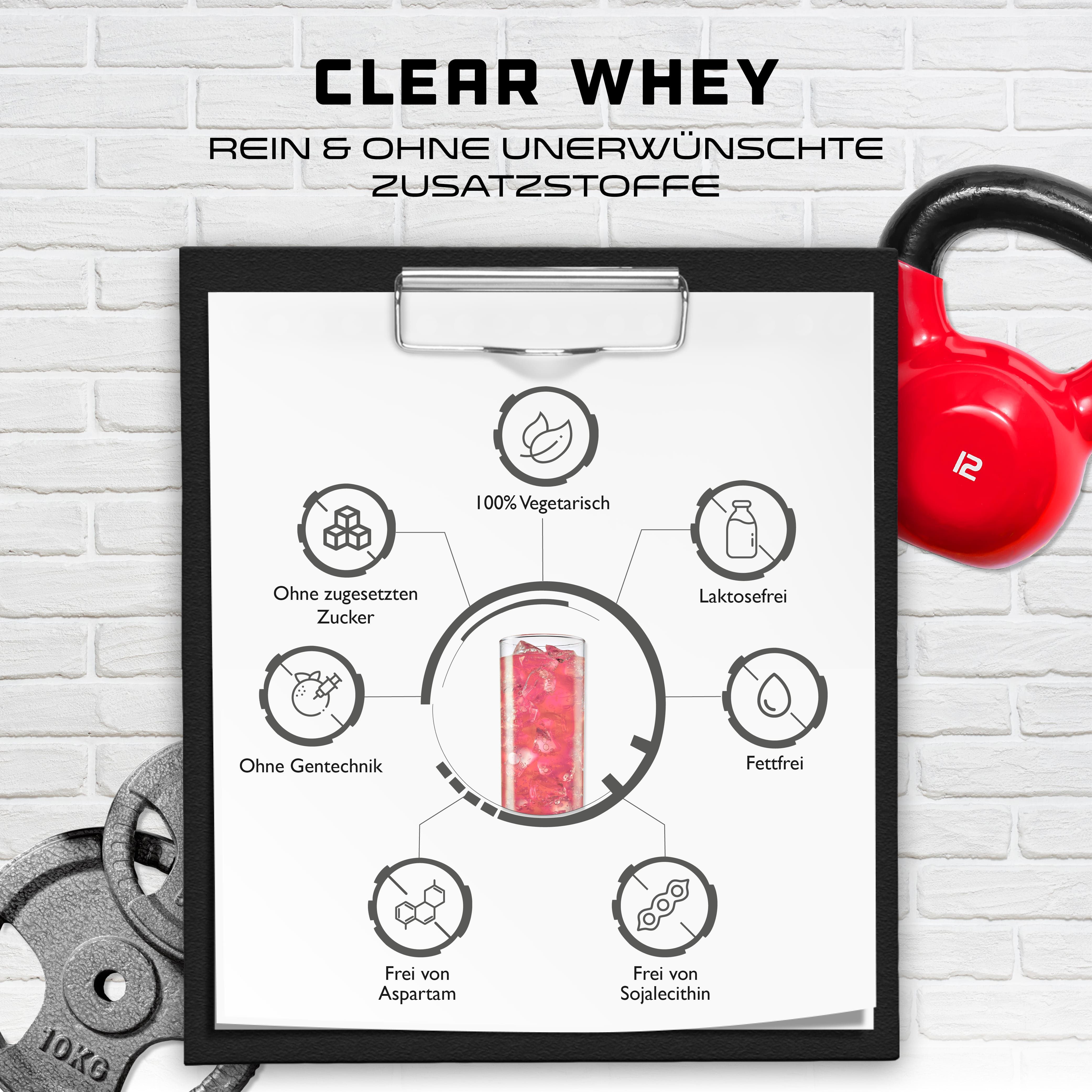 Infografik zu Clear Whey. Rein & ohne unerwünschte Zusatzstoffe. 100% vegetarisch, ohne Zuckerzusatz, laktosefrei, fettfrei, ohne Gentechnik, ohne Aspartam.