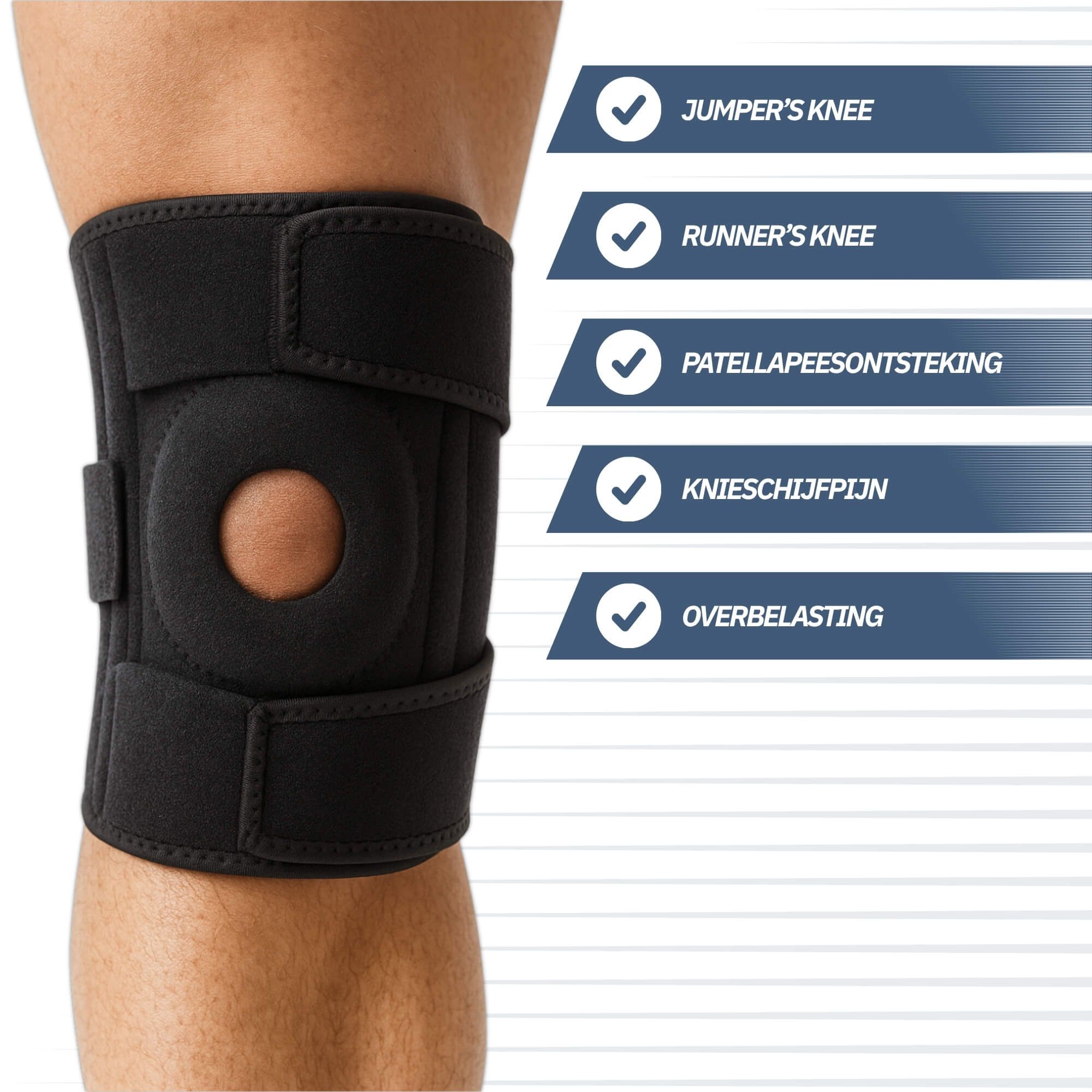 Schwarze Kniebandage mit Patella-Aussparung und Klettverschlüssen.