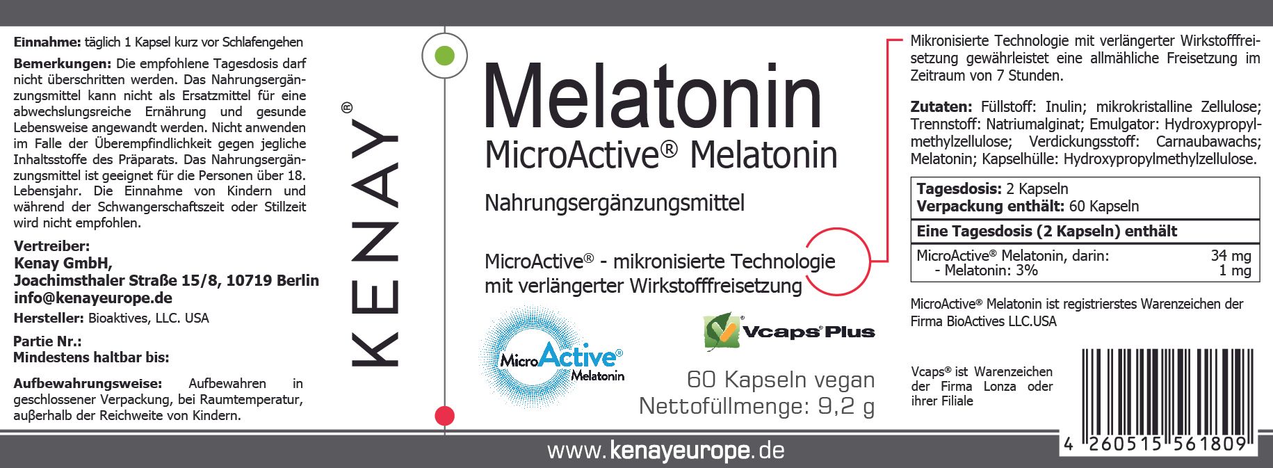 Etikett mit Text: Melatonin MicroActive KENAY. 60 Kapseln, vegan. Informationen zu Inhaltsstoffen und Dosierung. Vcaps Plus Siegel.