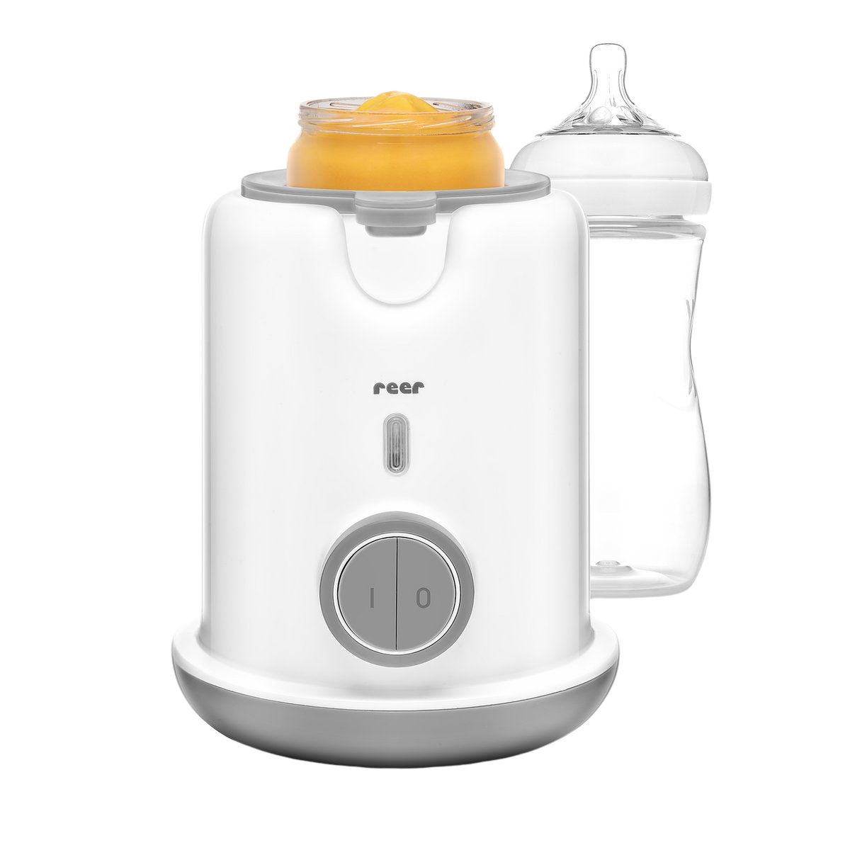 Weiß-grauer Babykostwärmer mit Gläschen und Flasche. Drehknopf mit I/0. Marke: reer.