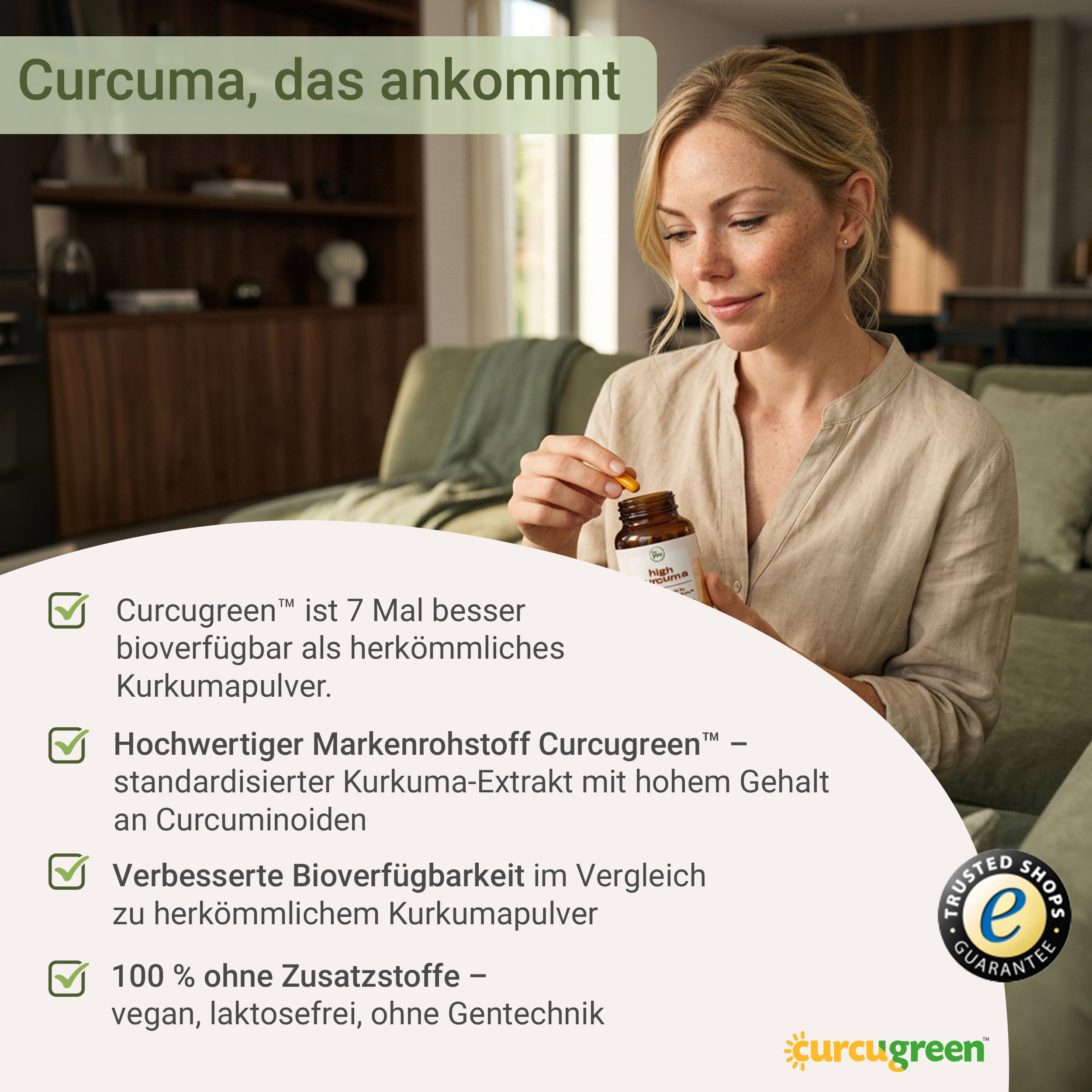 Frau mit Flasche 'for you high curcuma'. Vorteile: Curcugreen, bioverfügbar, vegan.