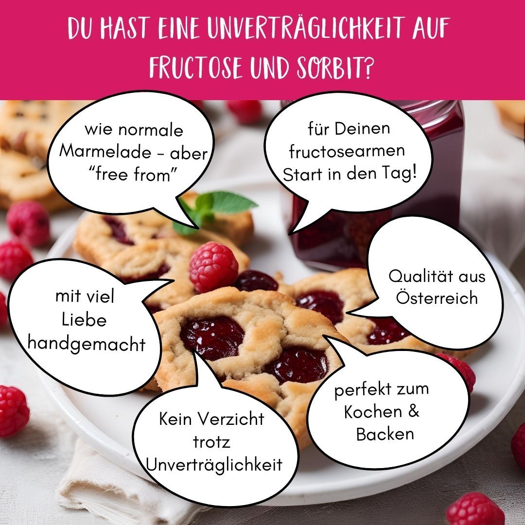 Teller mit Gebäck und FRUNIX® Himbeer-Fruchtaufstrich. Textblasen mit Produktvorteilen. Himbeeren als Dekoration.