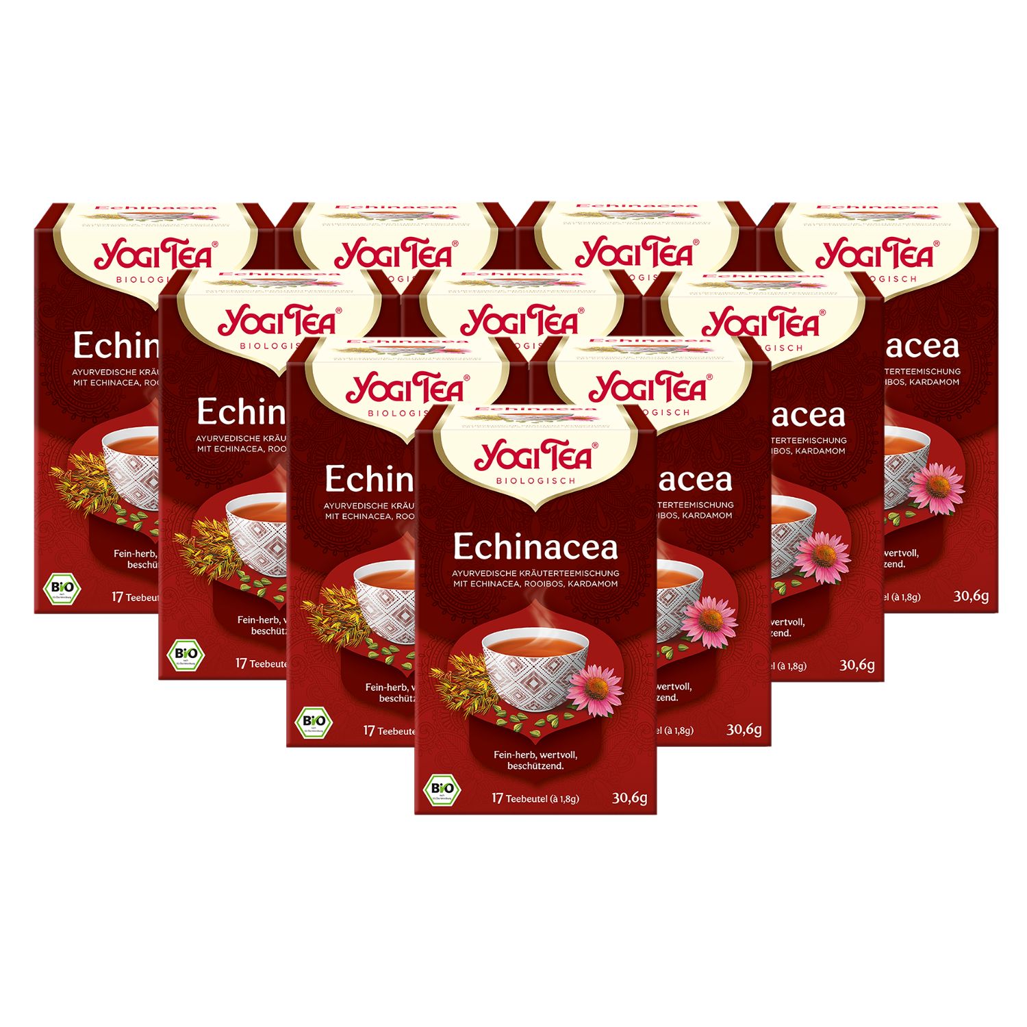 Mehrere Packungen Yogi Tea Echinacea Bio Kräutertee. Rote Verpackung mit Logo und Produktinformationen. 17 Teebeutel.