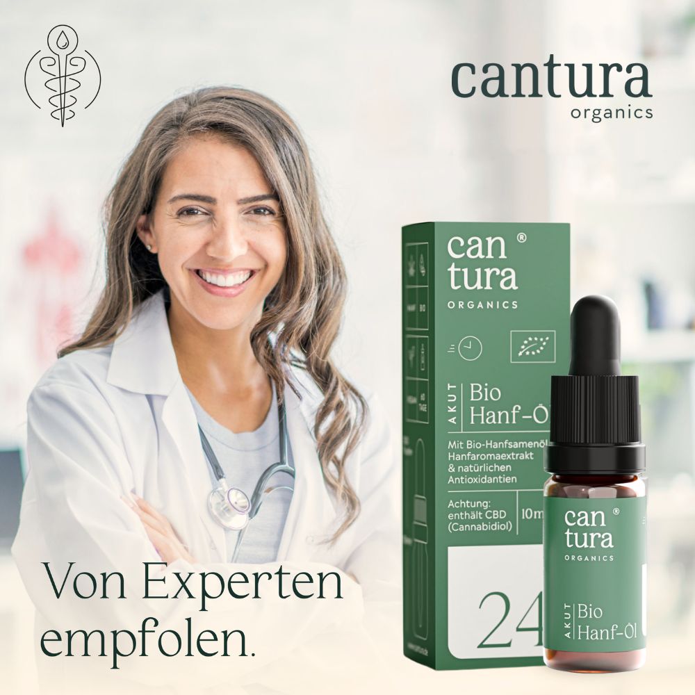 Frau mit Arztkittel und Stethoskop neben Produktverpackung und Flasche. Aufschrift: can tura organics, Bio Hanf-Öl, 24.