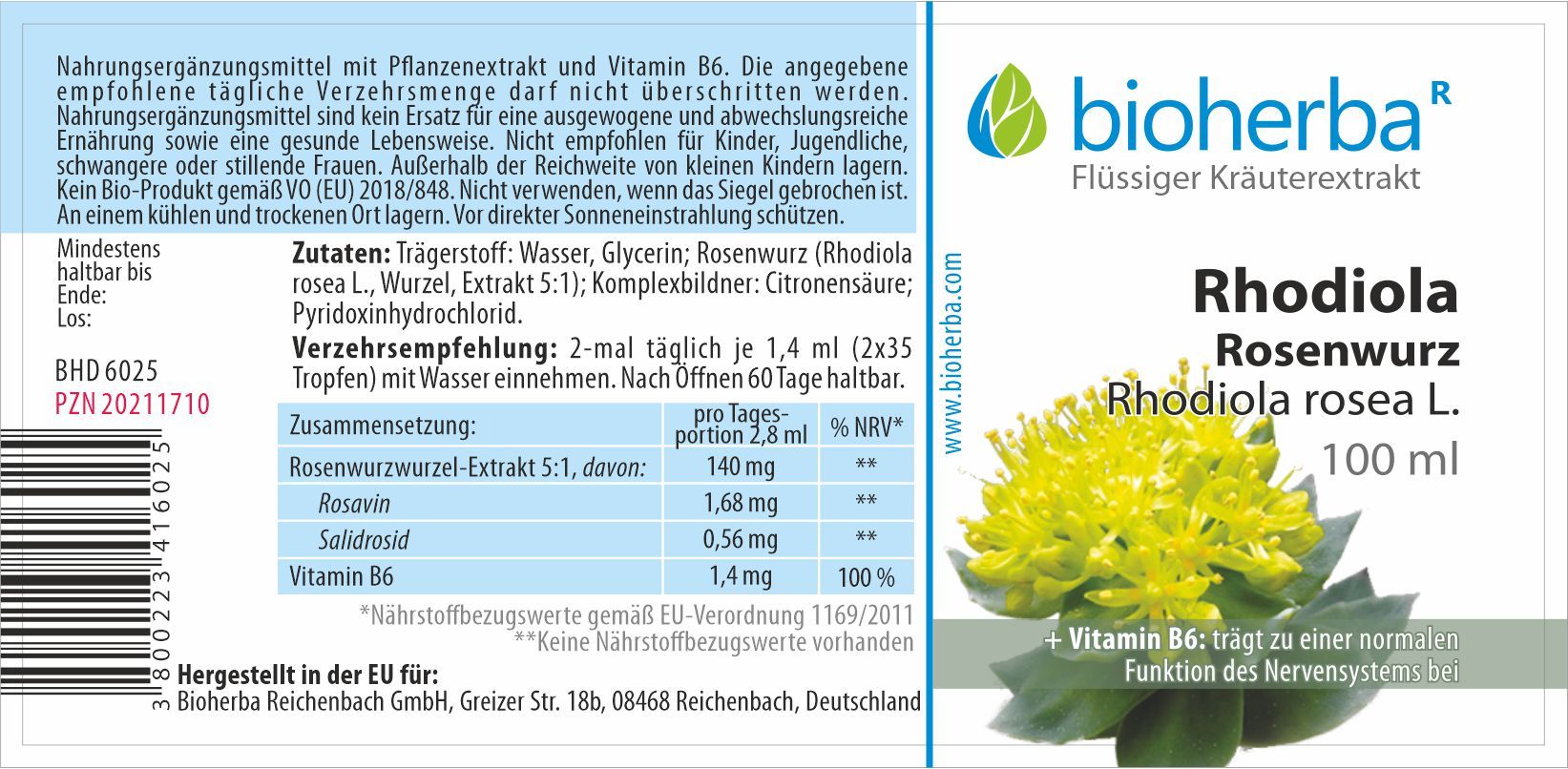 Etikett mit Produktinformationen. Bioherba Rhodiola Rosenwurz, 100 ml. Enthält Vitamin B6. Zutatenliste und Nährwertangaben.