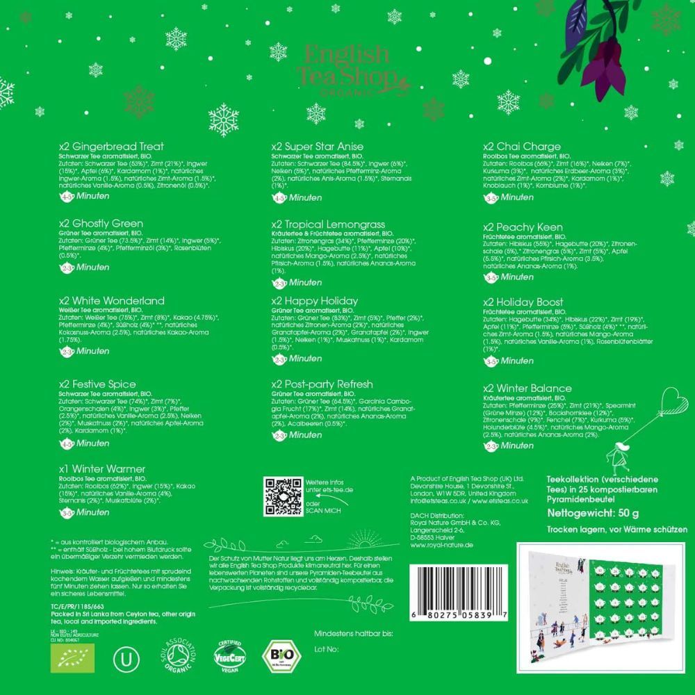 Rückseite des Adventskalenders. Auflistung der Teesorten mit Zutaten. Bio-Siegel und Netto-Gewicht 50g.