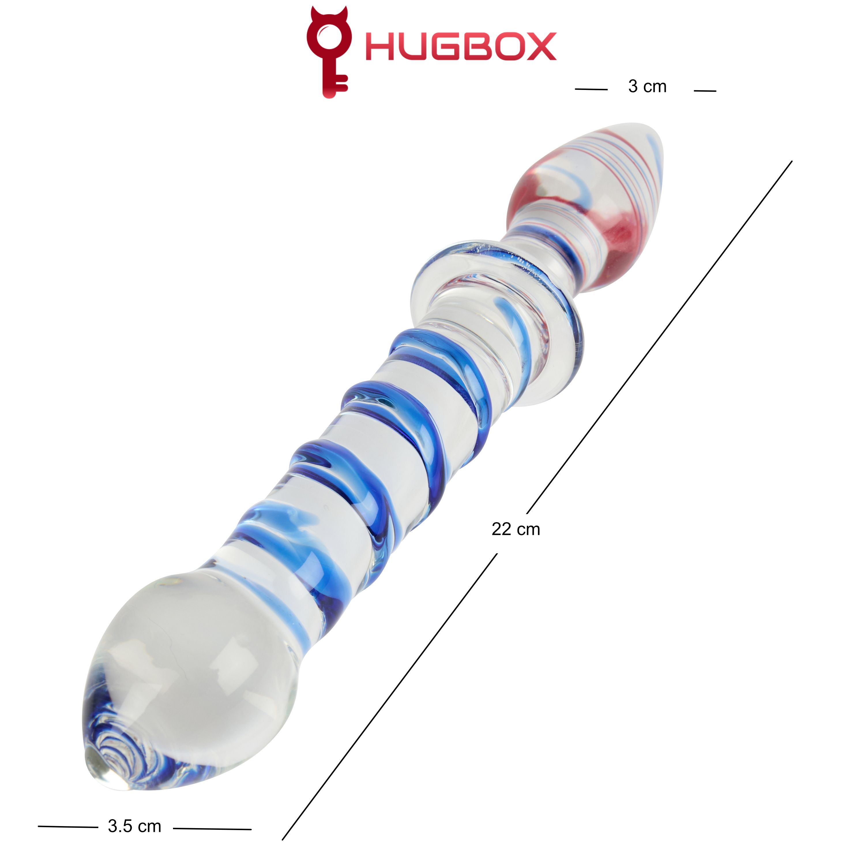 Glas-Anal-Stimulator mit blau-weißer Spirale und rotem Akzent. Klares Glas, abgerundete Enden. Maße: 22 cm lang, 3,5 cm breit.