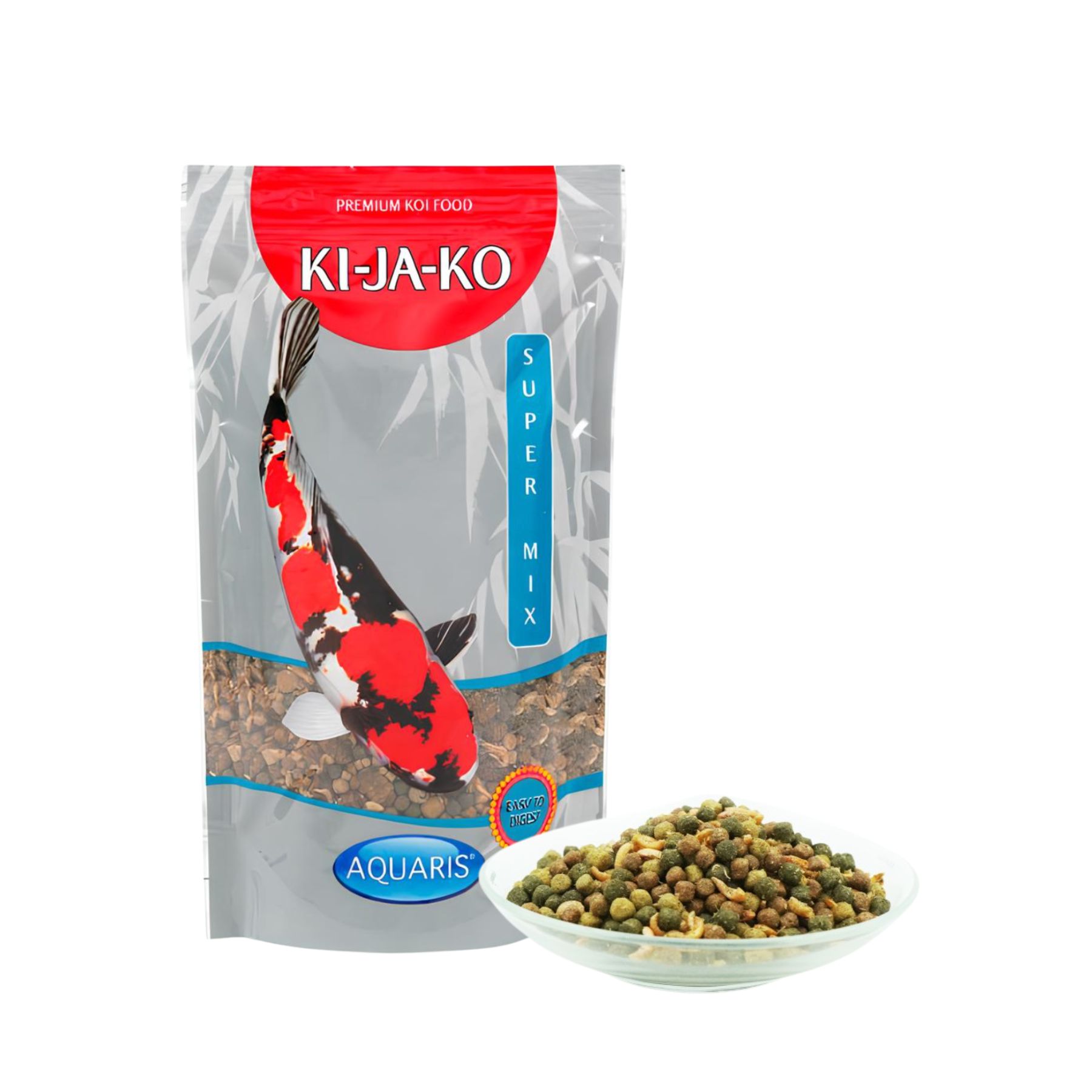 Verpackung von KI-JA-KO Koifischfutter Super Mix. Mit Koi-Fisch-Illustration und Produktnamen.