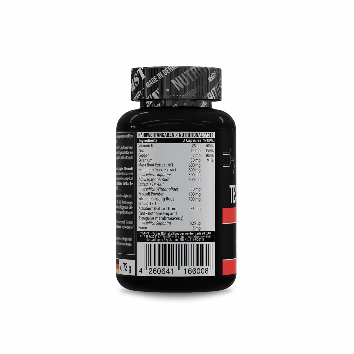Rückseite einer schwarzen Kapsel-Dose. Enthält Nährwertangaben und Zutaten. Barcode und Aufschrift: Made in Germany. 90 Kapseln.