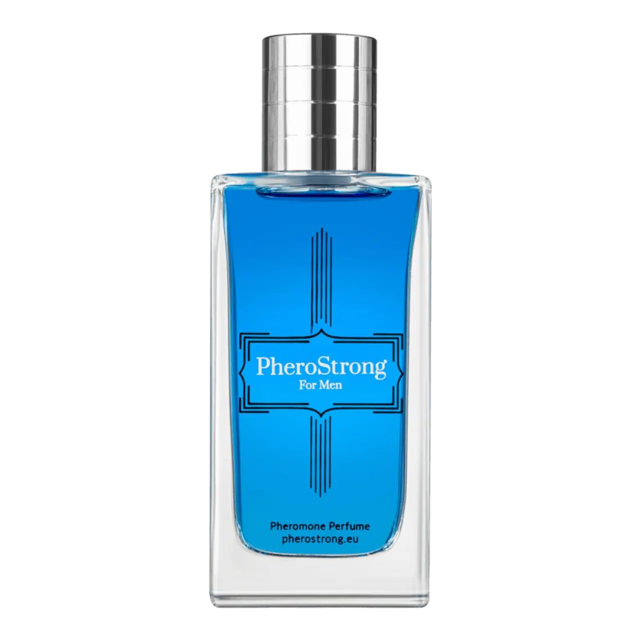 Glasflakon mit blauem Inhalt und silbernem Verschluss. Aufschrift: PheroStrong For Men. Pheromon Parfum.
