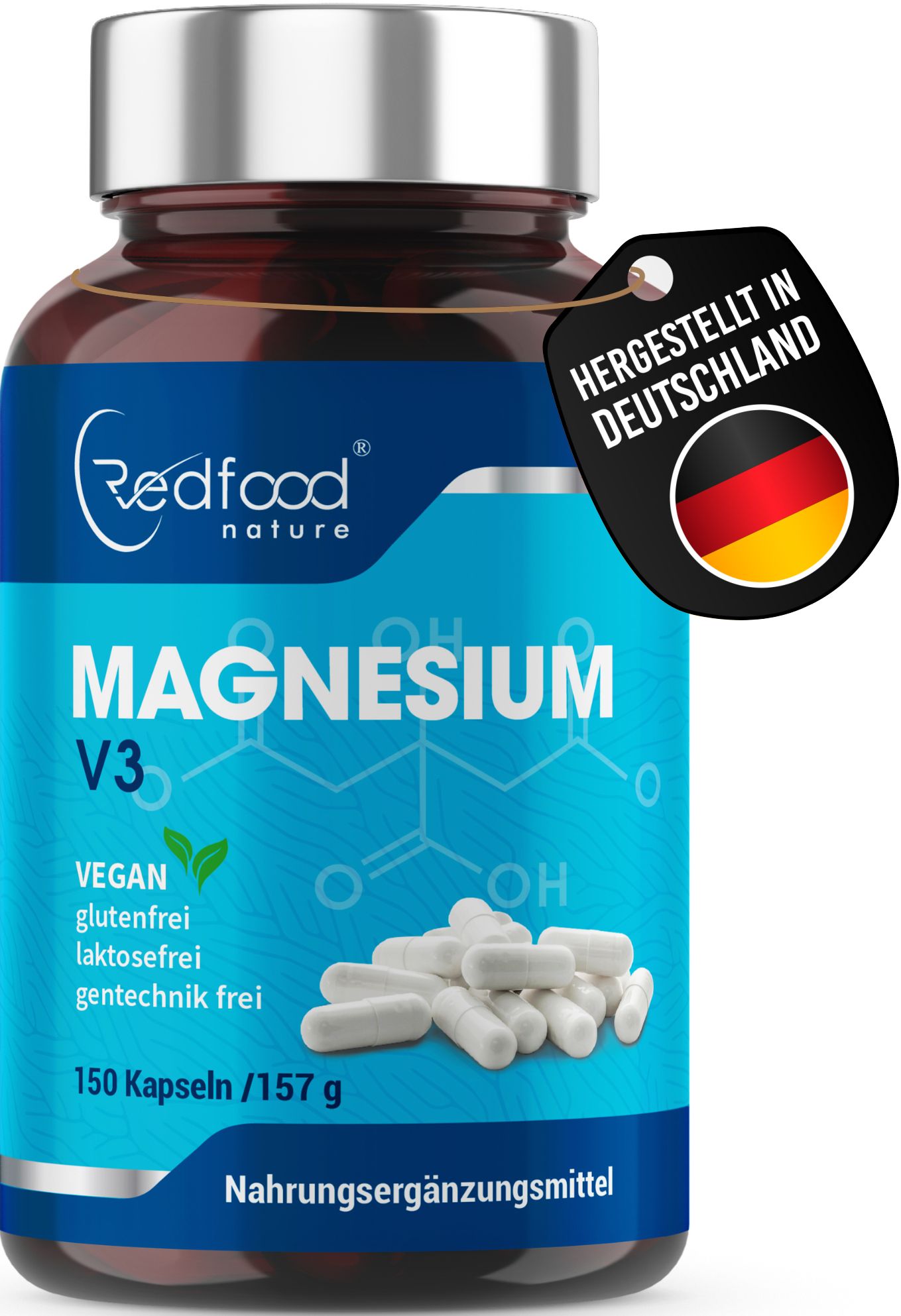 Braune Flasche mit weißen Kapseln. Blaues Etikett mit "Magnesium V3" und "Redfood nature"-Logo. "Hergestellt in Deutschland"-Label.