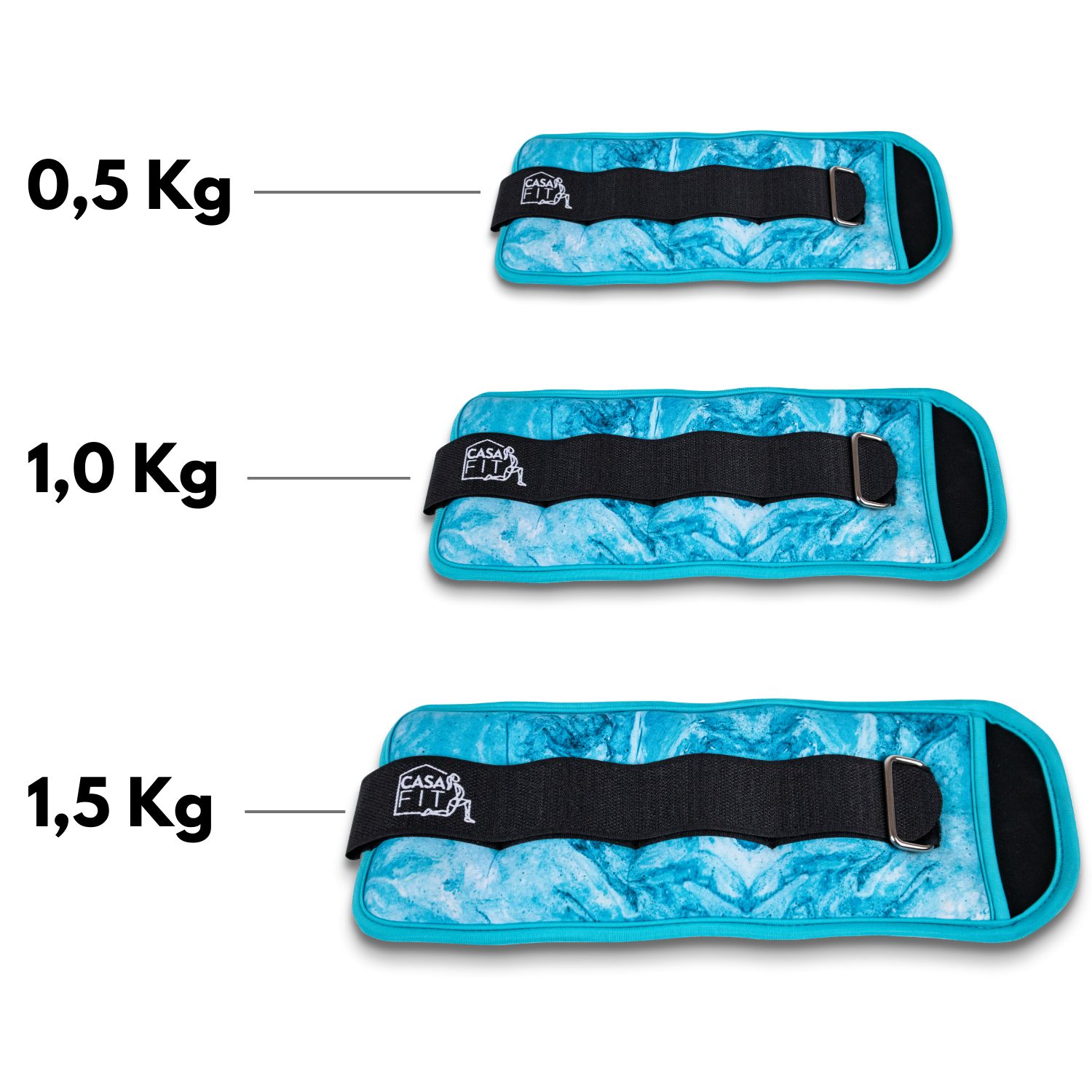 Drei Gewichtsmanschetten: 0,5 kg, 1,0 kg, 1,5 kg. Blaues Muster, schwarzer Klettverschluss. CASA FIT Logo.