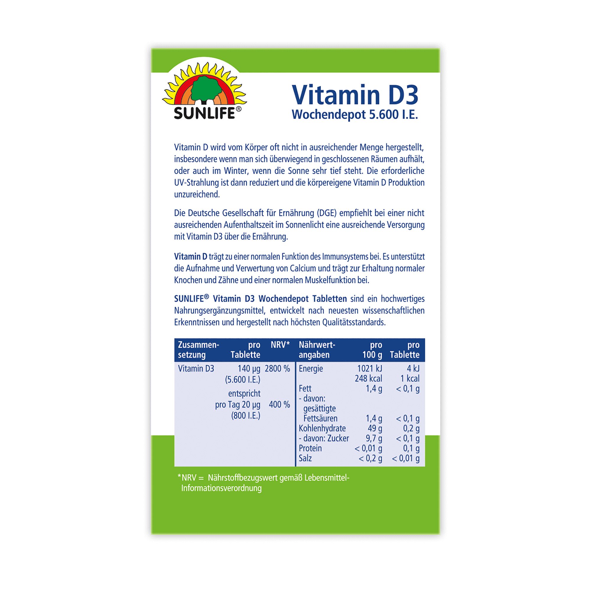 Rückseite der SUNLIFE Vitamin D3 Wochendepot Packung. Enthält Informationen zu Inhaltsstoffen, Nährwerten und Herstelleradresse.